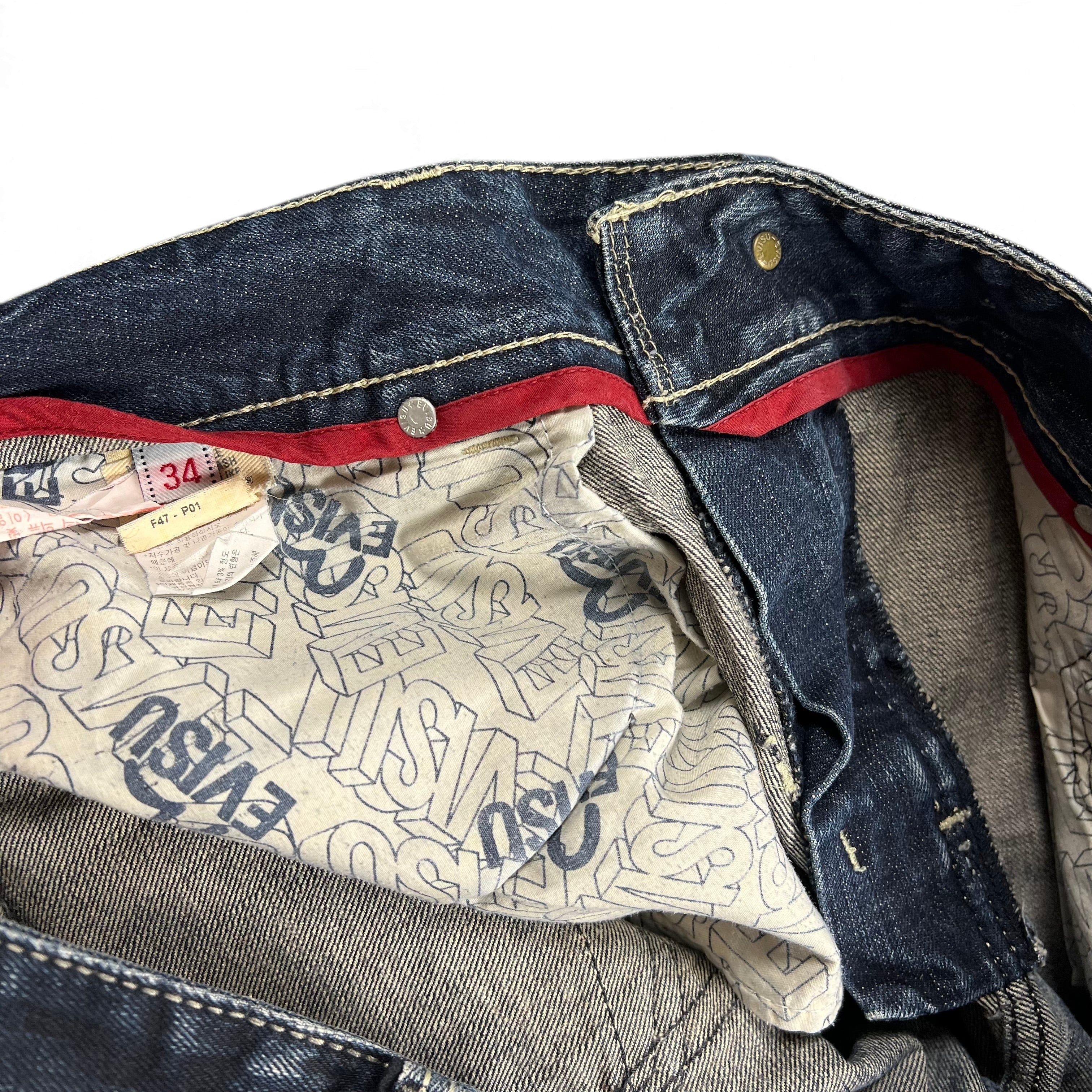TWC Vintage Evisu KC Straight Jeans mit dunkelblauem Denim, rotem Innenfutter und bedruckten Taschenbeuteln
