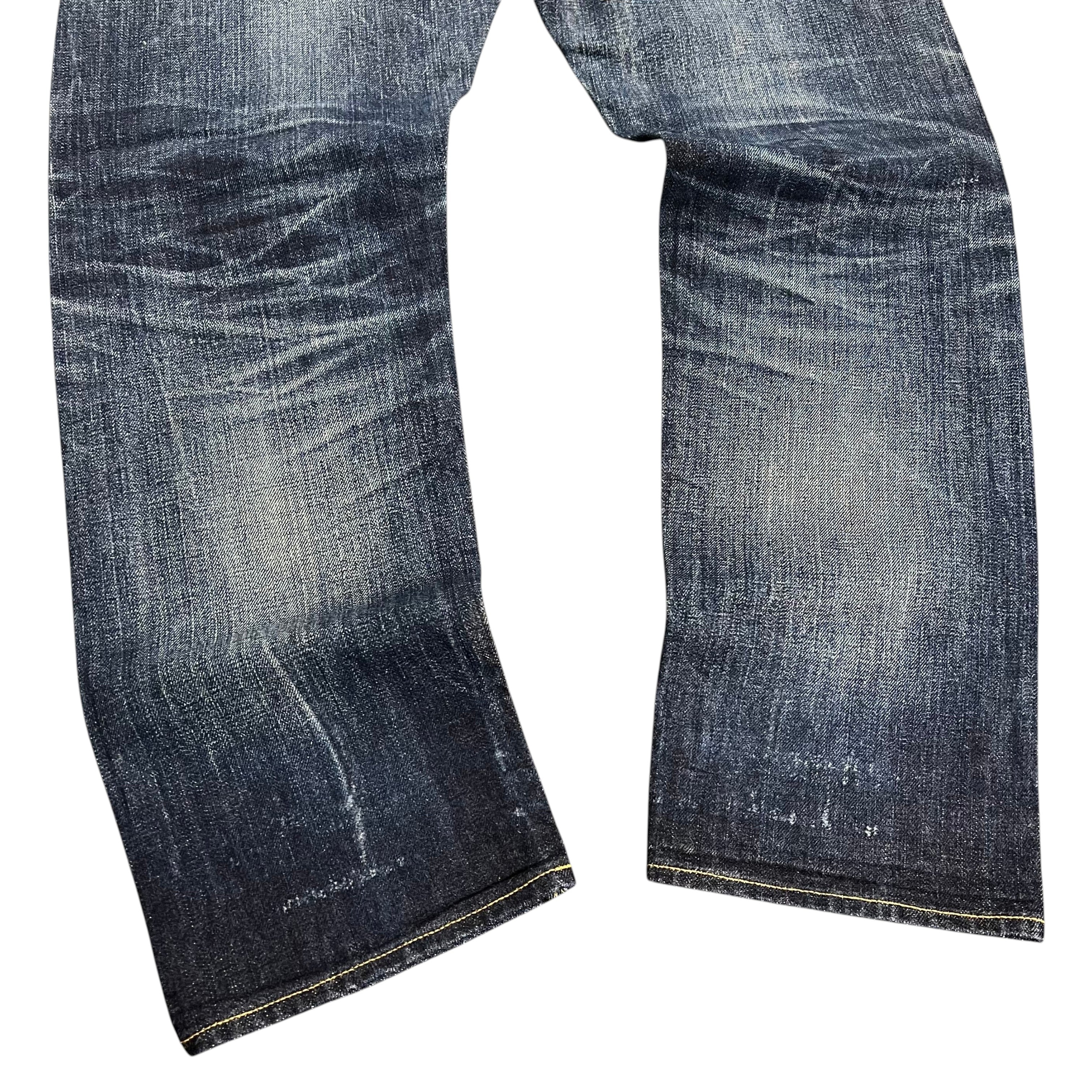 TWC Vintage Edwin Jeans aus japanischem Selvedge-Denim in verwaschenem Dunkelblau mit markanten Tragespuren
