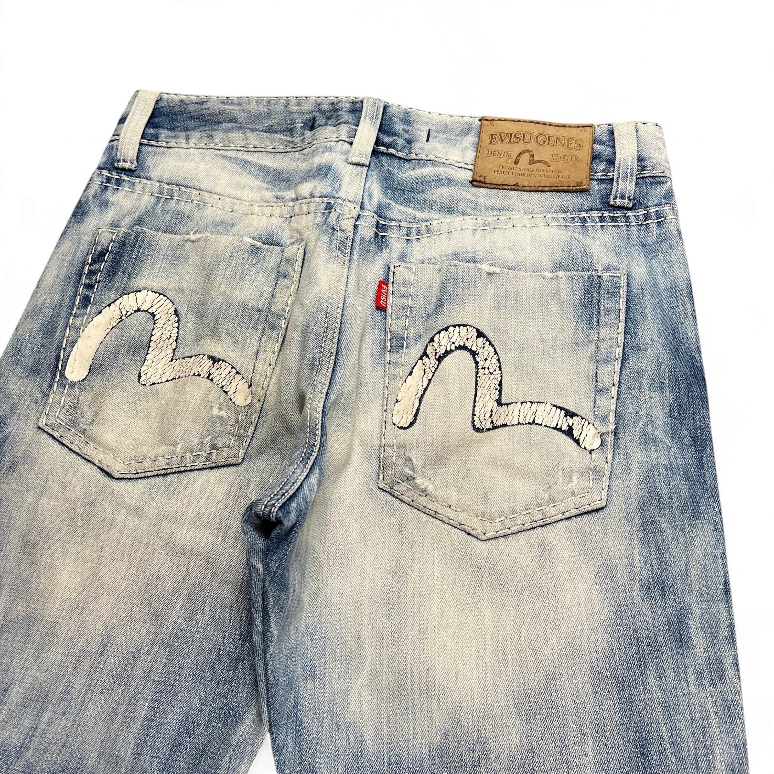 TWC Vintage Evisu KC Baggy Jeans in hellblauem Denim mit ikonischem weißem Möwen-Print auf den Gesäßtaschen
