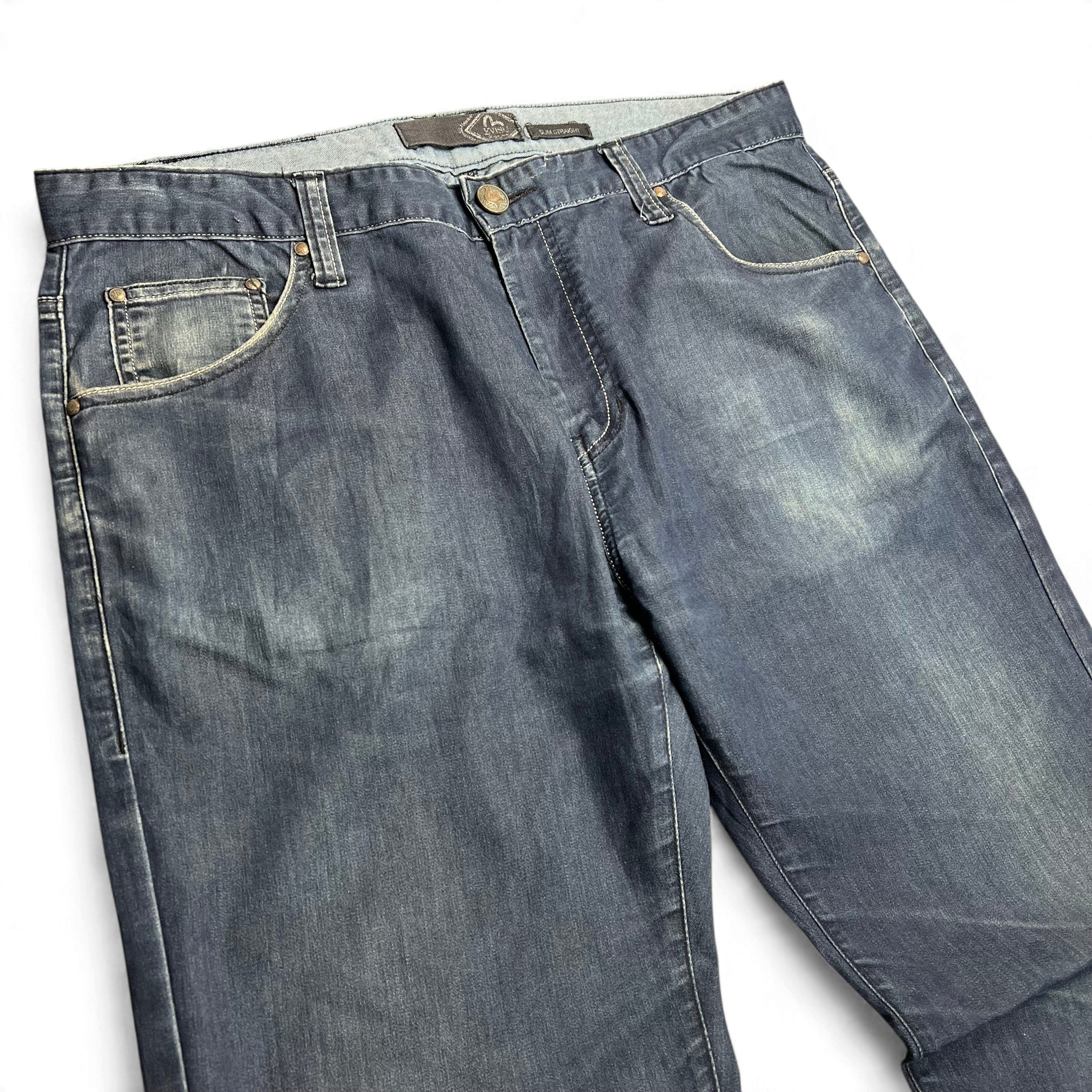 TWC Vintage Evisu KC Straight Jeans aus blauem, dünnem Denim mit klassischem Schnitt und Used-Optik