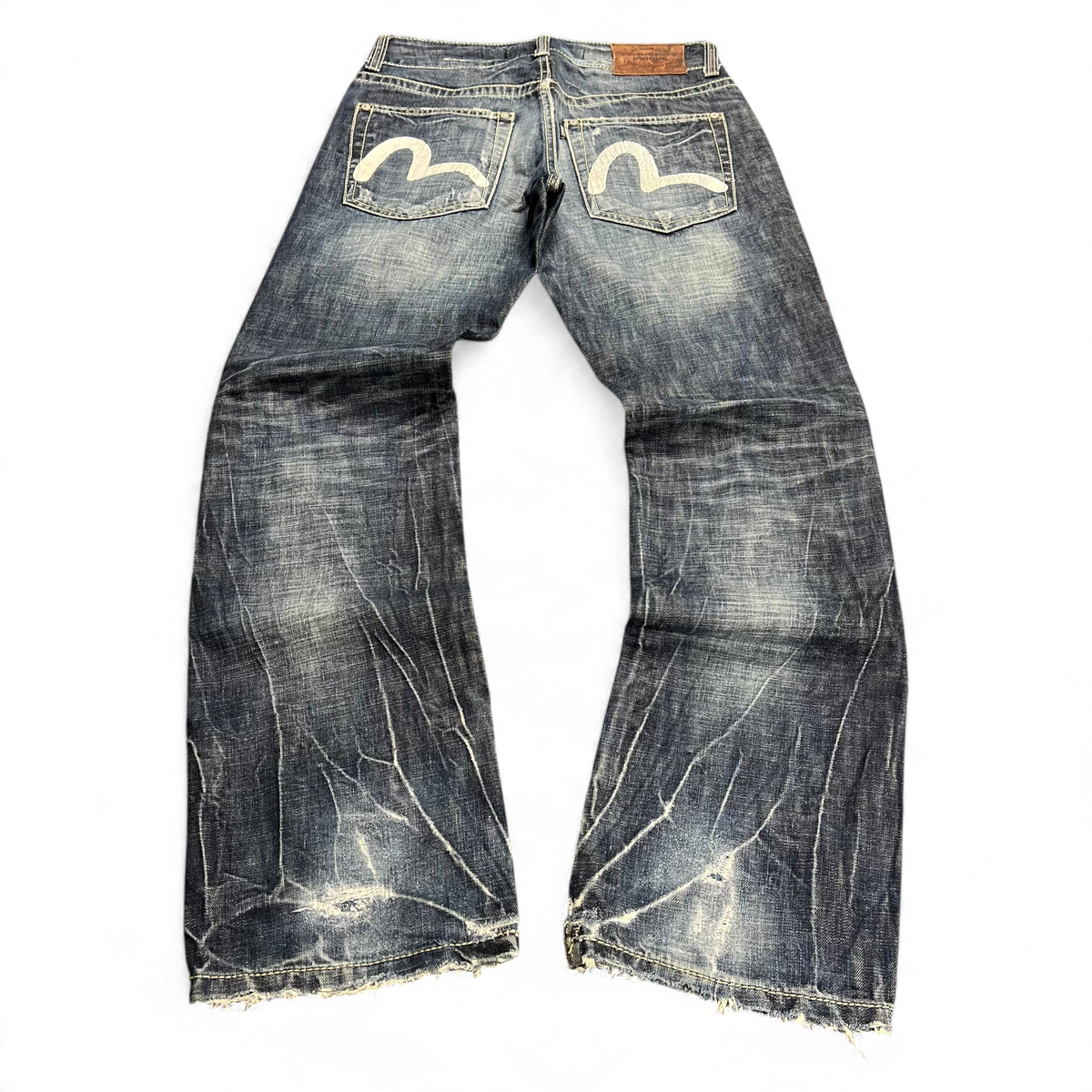 TWC Vintage Evisu KC Straight Jeans in verwaschenem Blau mit ikonischem weißem Möwen-Logo auf den Gesäßtaschen