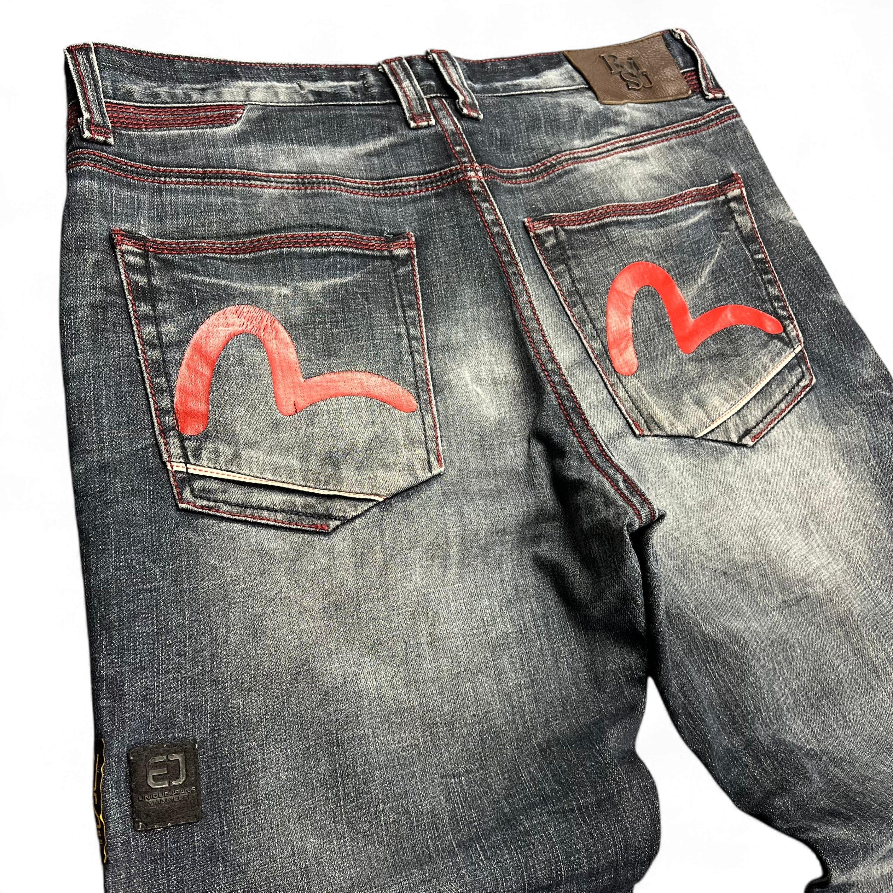 TWC Vintage Evisu Straight Jeans in verwaschenem Blau mit ikonischen roten Seagull-Aufdrucken auf den Gesäßtaschen