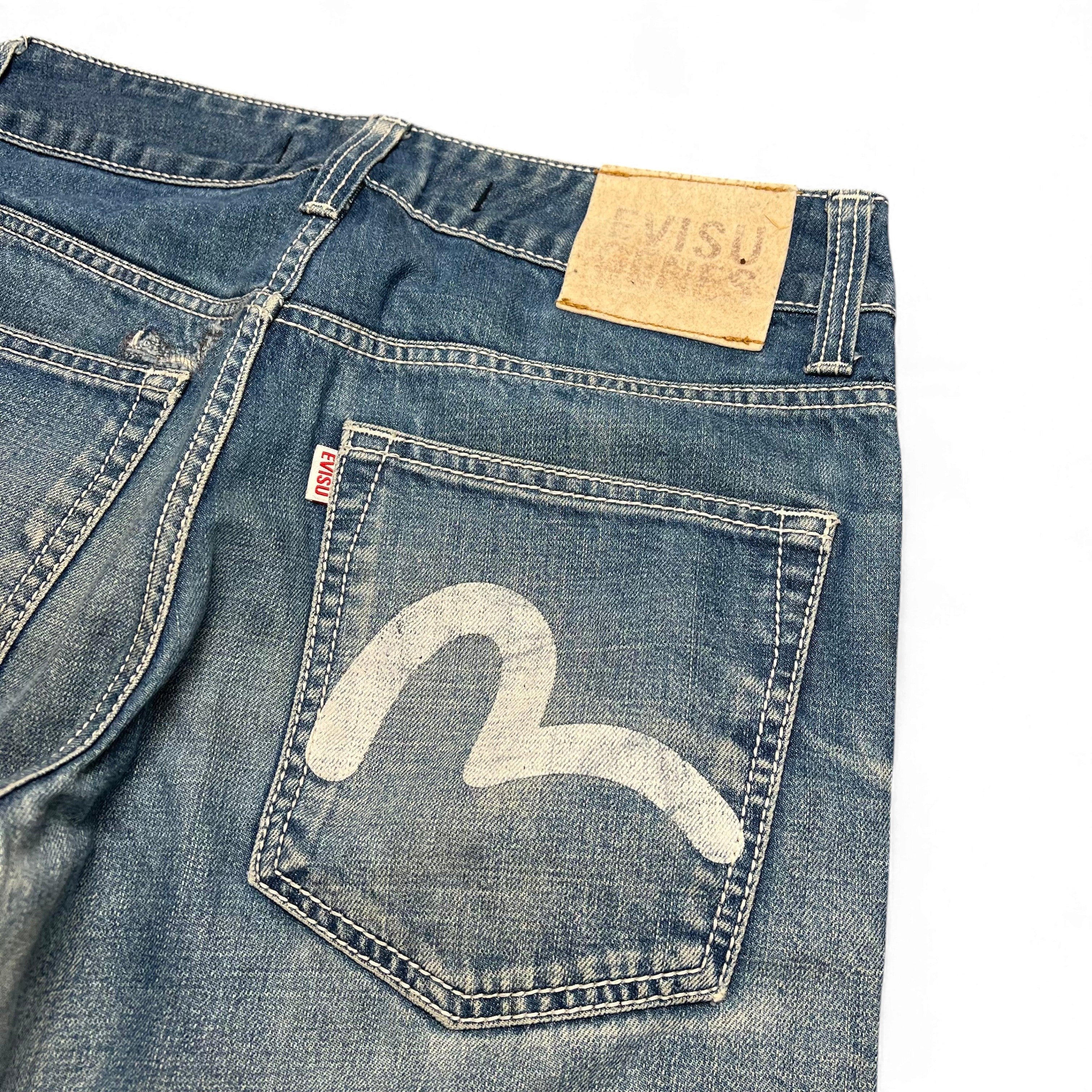 TWC Vintage Evisu KC Straight Jeans aus blauem Denim mit weißem Seagull-Logo auf der Gesäßtasche und Lederpatch