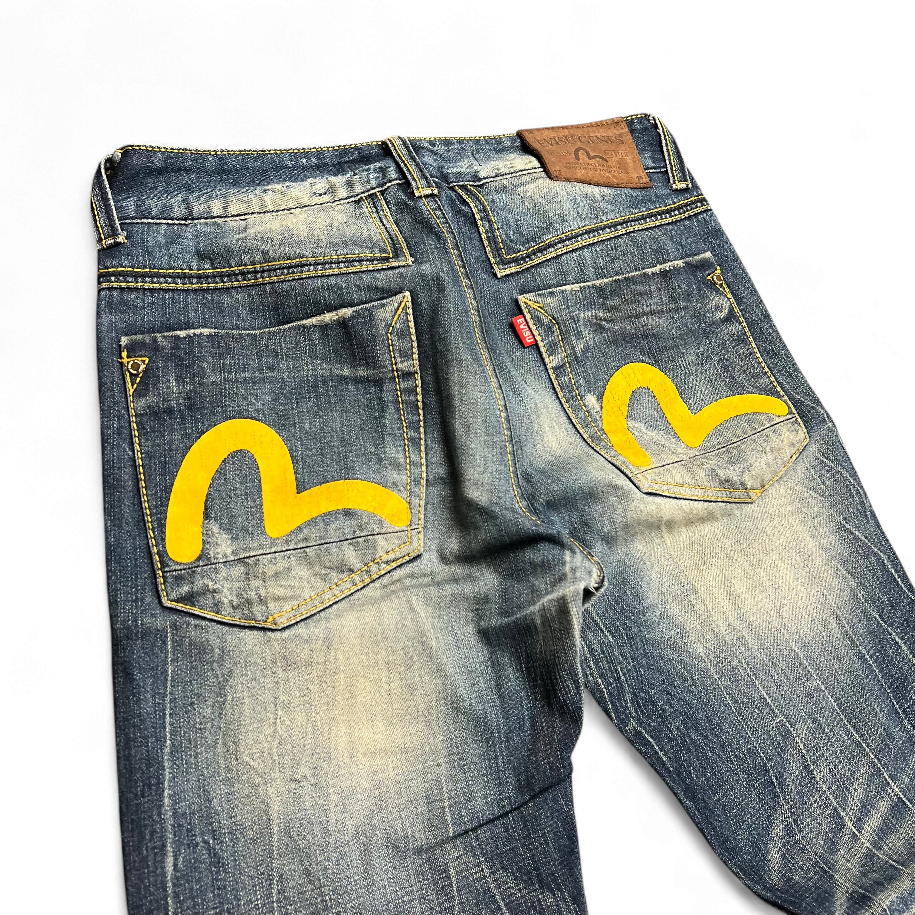 TWC Vintage Evisu KC Straight Jeans in blauem Denim mit ikonischen gelben Seagull-Logos auf den Gesäßtaschen