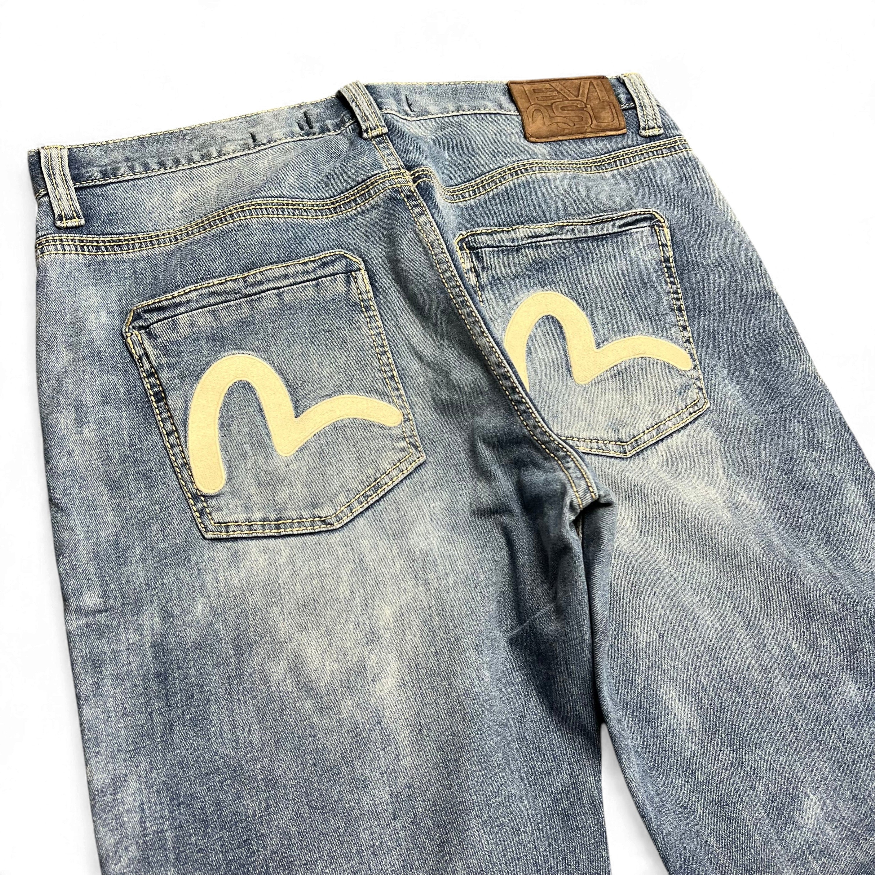 TWC Vintage Evisu KC Straight Jeans in hellblauem Denim mit ikonischem Seagull-Print auf den Gesäßtaschen