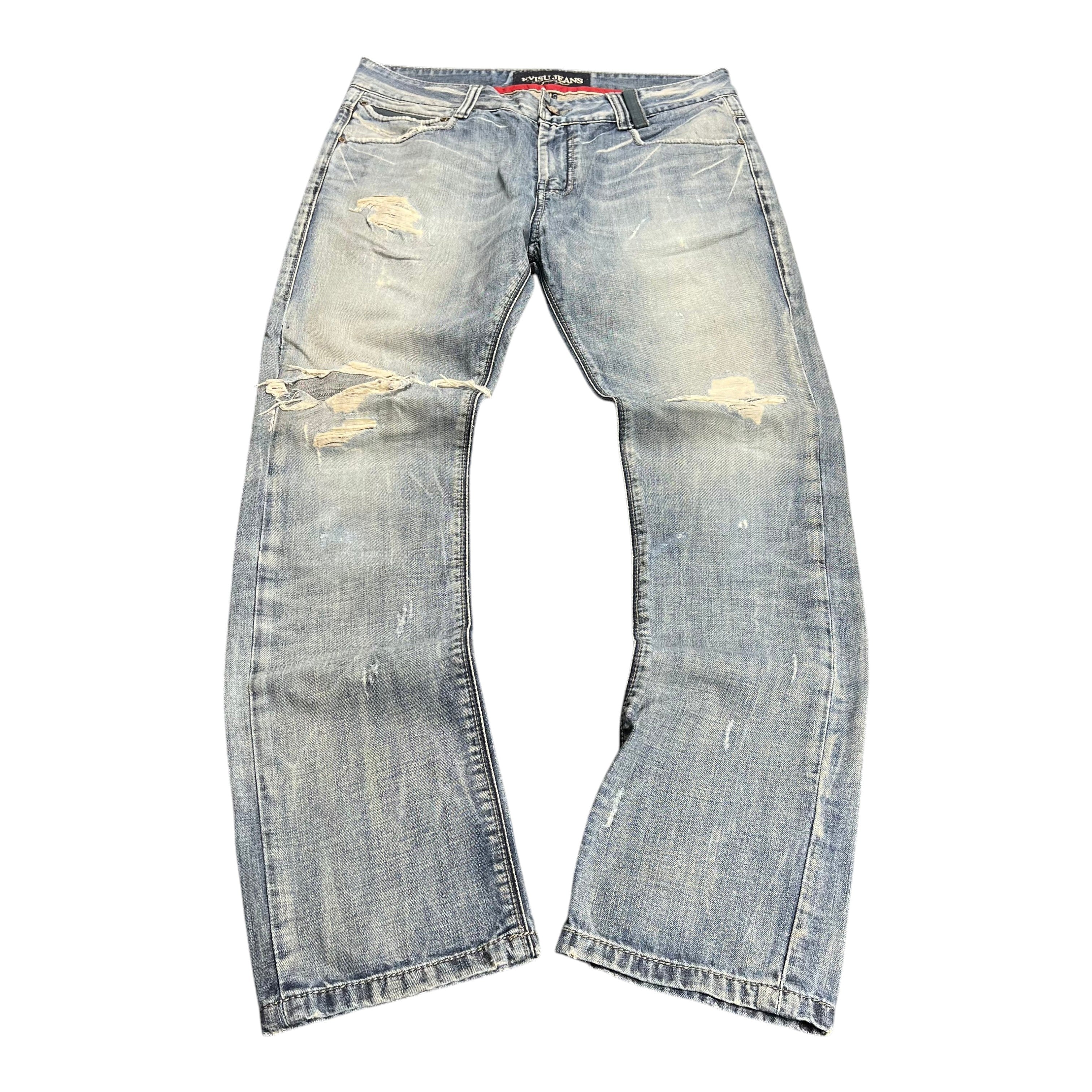 TWC Vintage Evisu Straight Jeans in hellblauem Denim mit Distressed-Optik und Rissen im Vintage-Stil