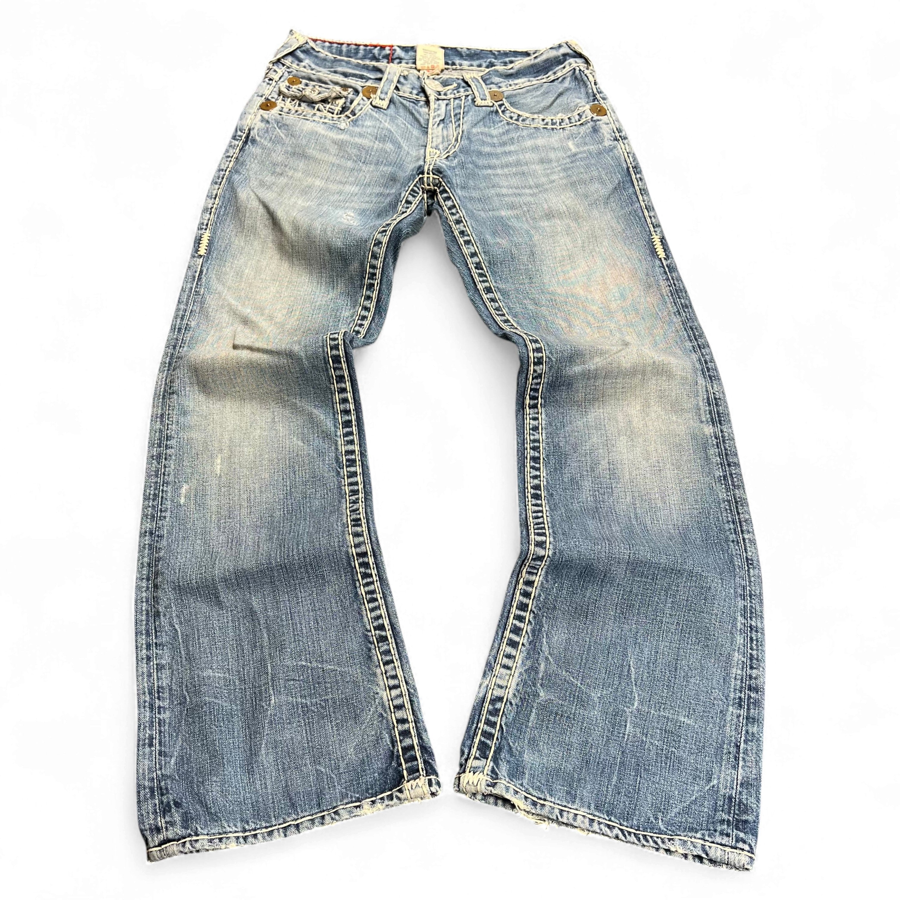TWC Vintage True Religion Joey Super T Bootcut Jeans in hellblauem Denim mit markanten Kontrastnähten
