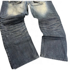 TWC Vintage Evisu KC Straight Jeans mit verwaschener blauer Waschung und markanten Gesäßtaschen