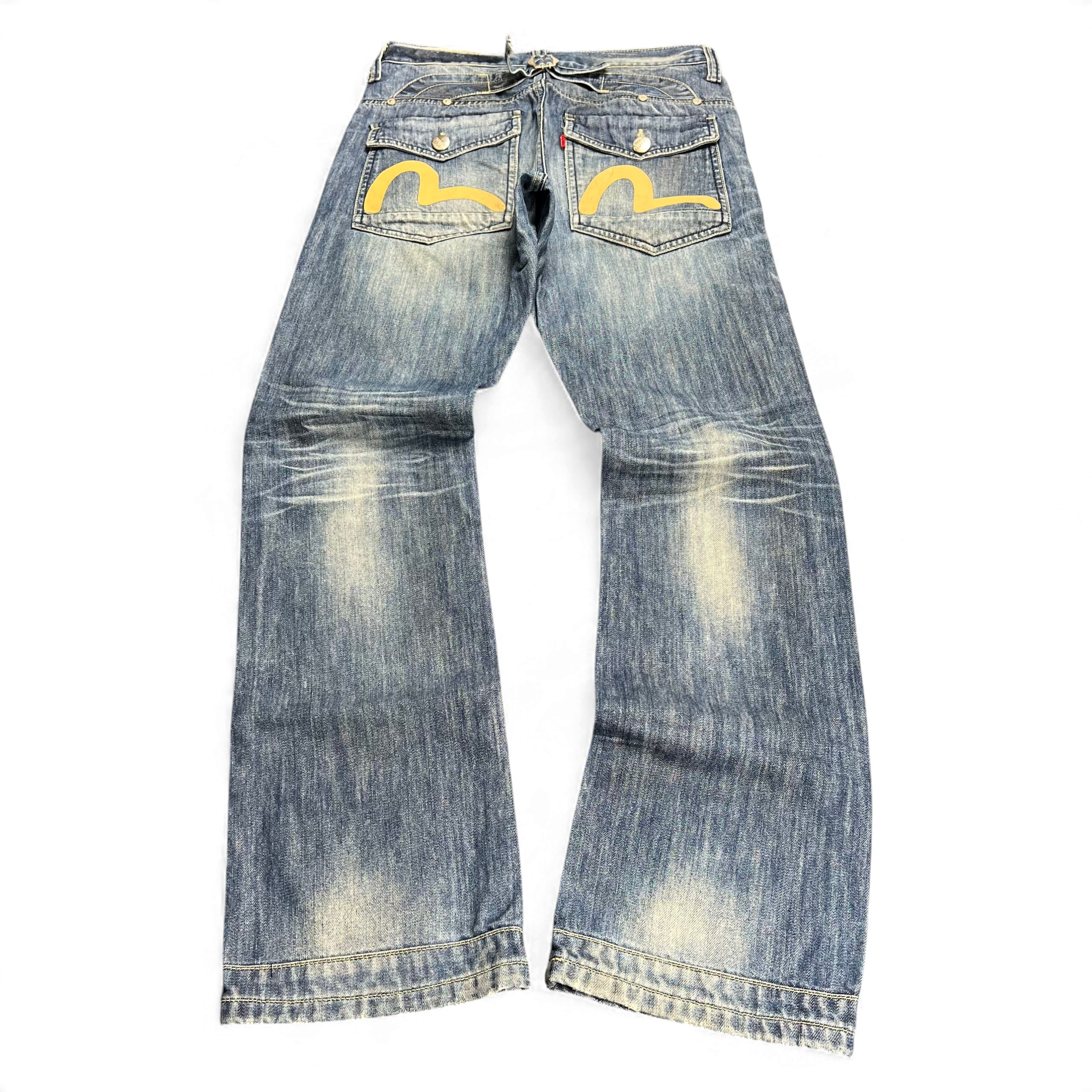 TWC Vintage Evisu KC Straight Jeans in blauem Denim mit gelben Seagull-Logos auf den Gesäßtaschen