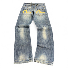 TWC Vintage Evisu KC Straight Jeans in blauem Denim mit gelben Seagull-Logos auf den Gesäßtaschen