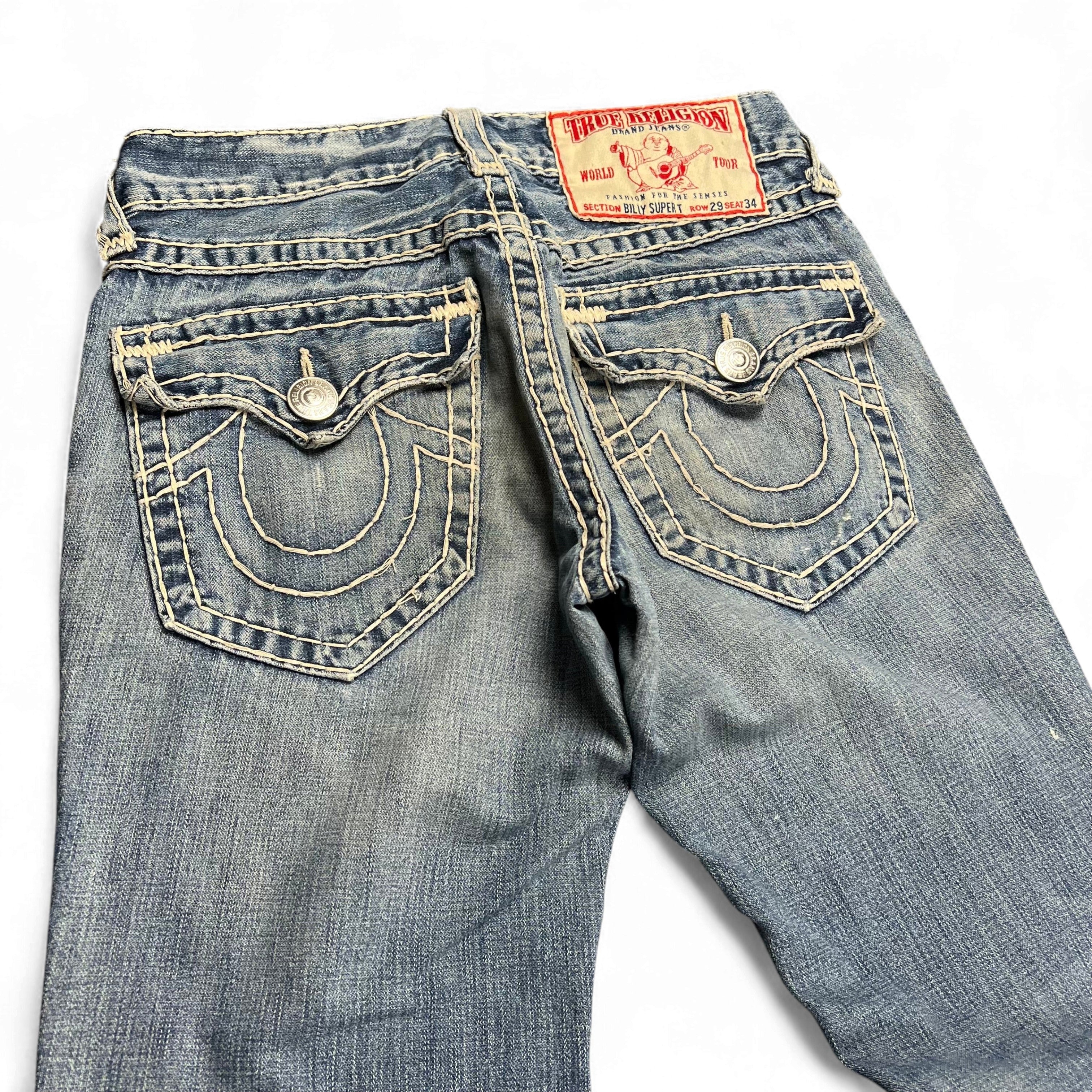 TWC Vintage True Religion Joey Super T Bootcut Jeans in hellblauem Denim mit markanten Kontrastnähten