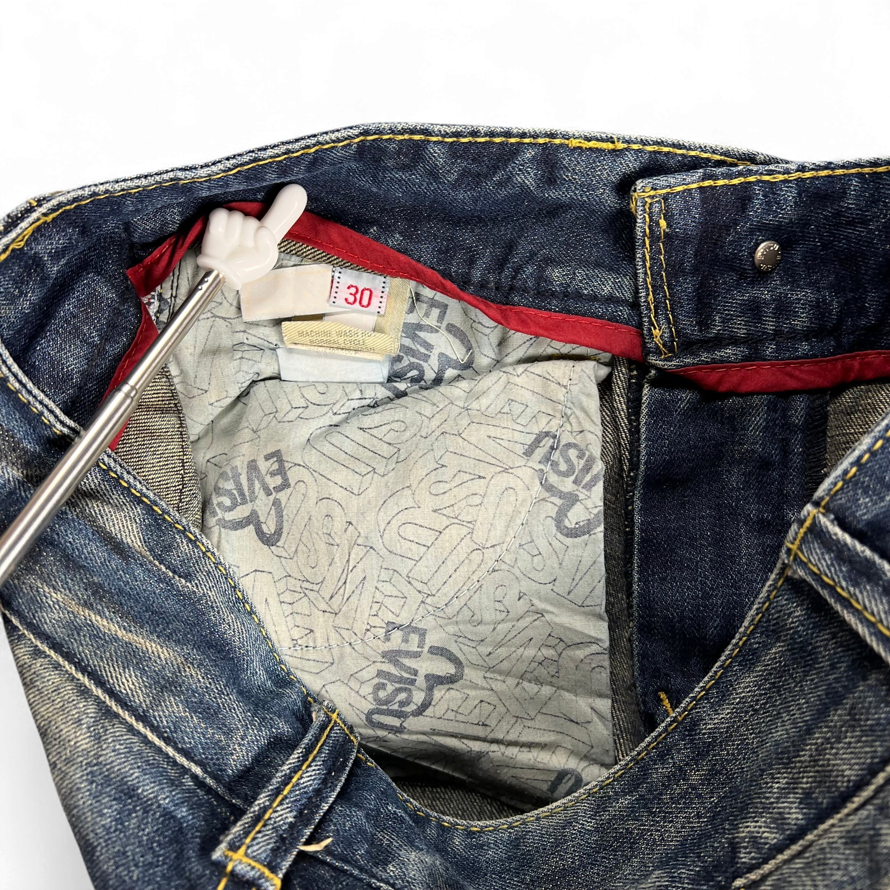 TWC Vintage Evisu KC Straight Jeans mit dunkelblauem Denim, rotem Innenfutter und bedruckten Taschenbeuteln