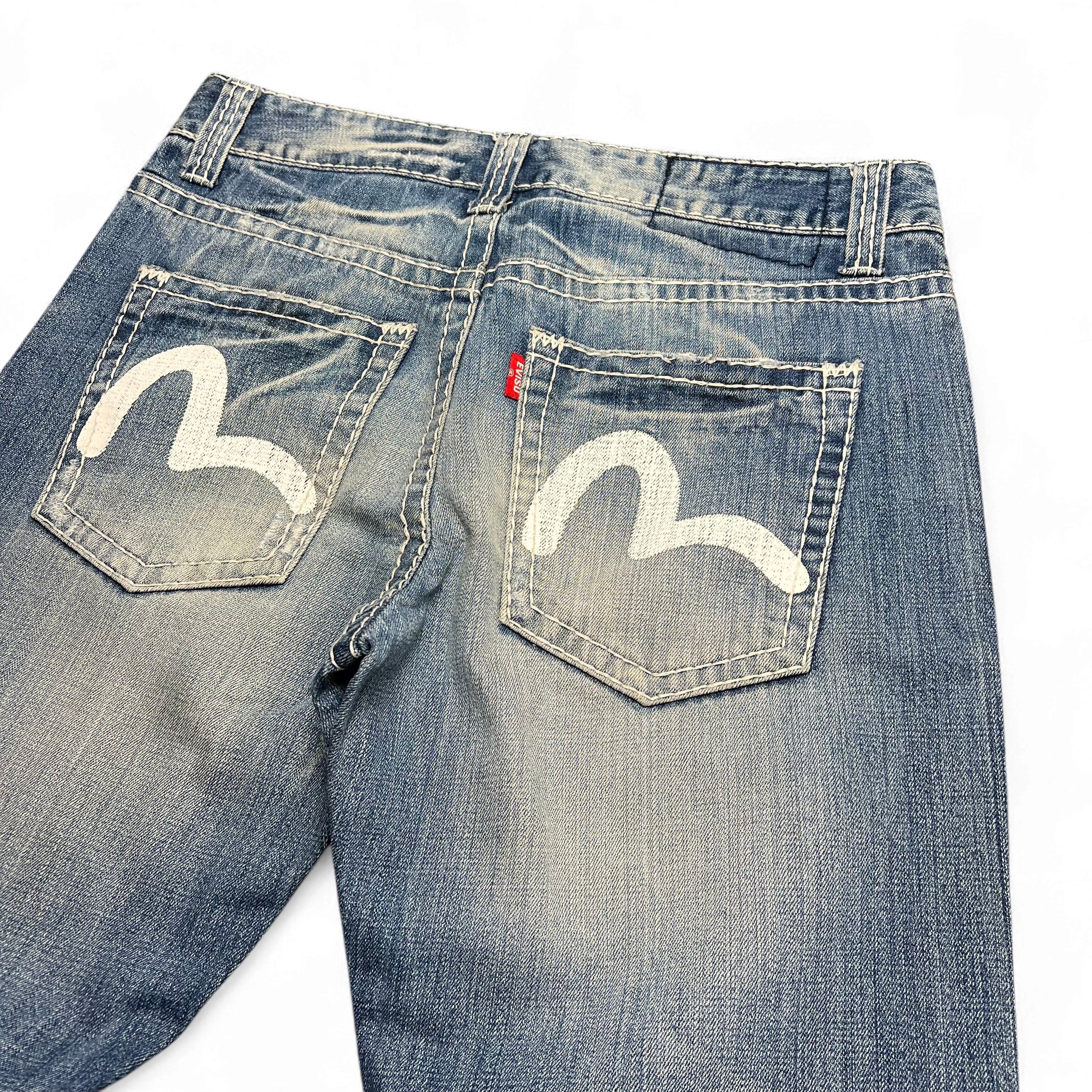 TWC Vintage Evisu KC Straight Jeans in blauem Denim mit charakteristischem weißem Seagull-Print auf den Gesäßtaschen