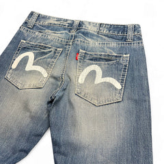 TWC Vintage Evisu KC Straight Jeans in blauem Denim mit charakteristischem weißem Seagull-Print auf den Gesäßtaschen