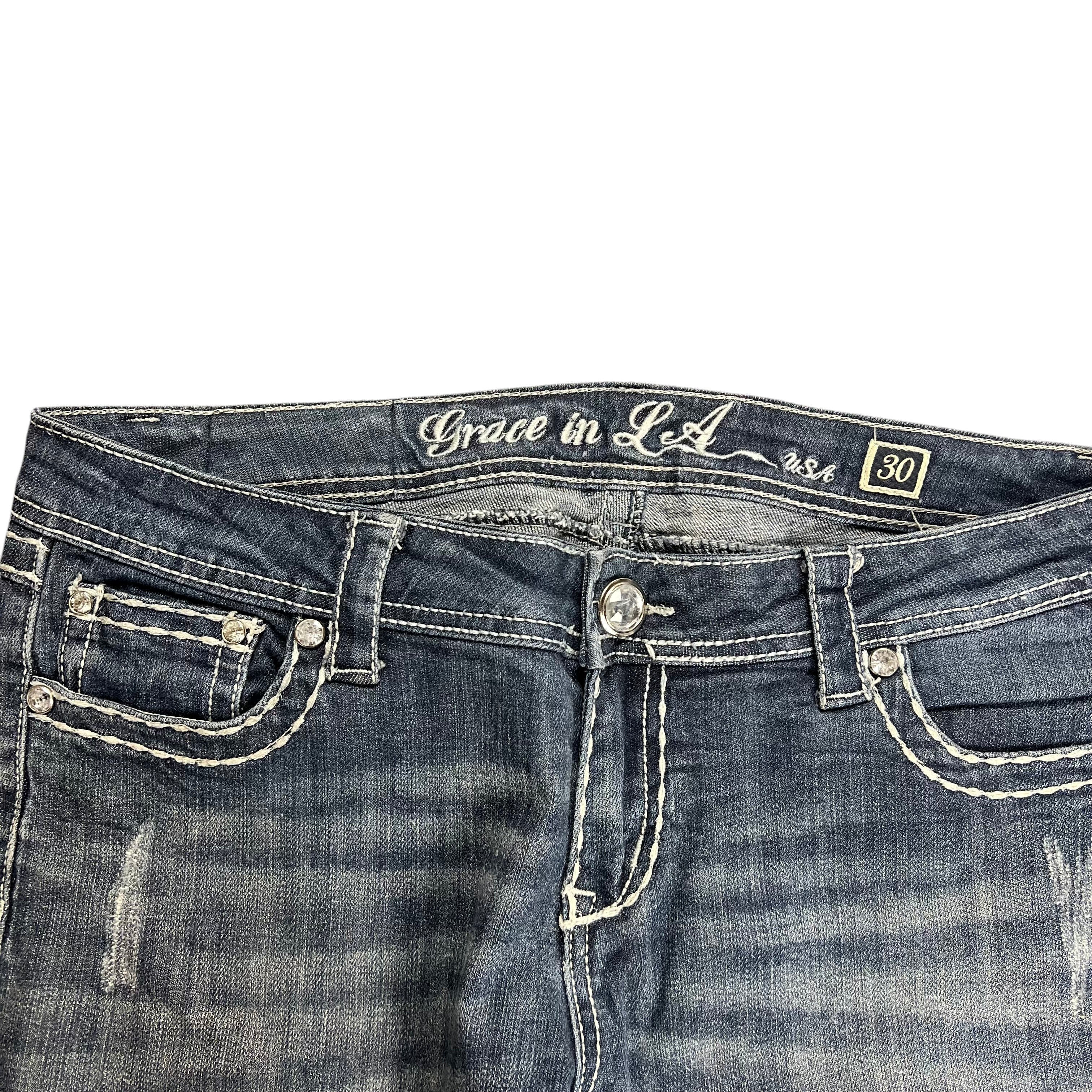 TWC Vintage Damen Y2K Jeans mit Baggy Bootcut Schnitt, dunkle Waschung und dekorativen Ziernähten an den Taschen