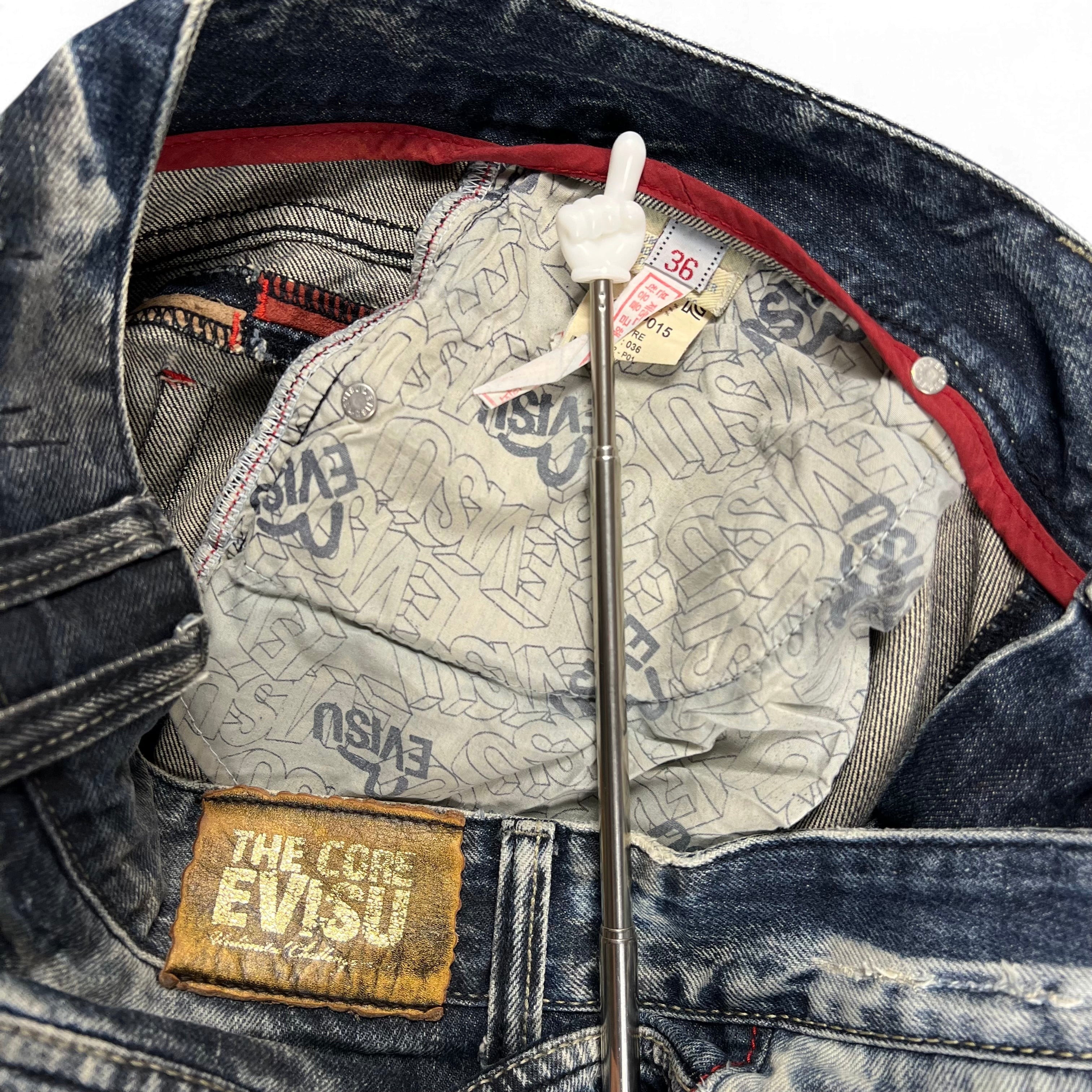 TWC Vintage Evisu KC Straight Jeans mit blauem Denim, rotem Innenfutter und Logo-Taschenfutter