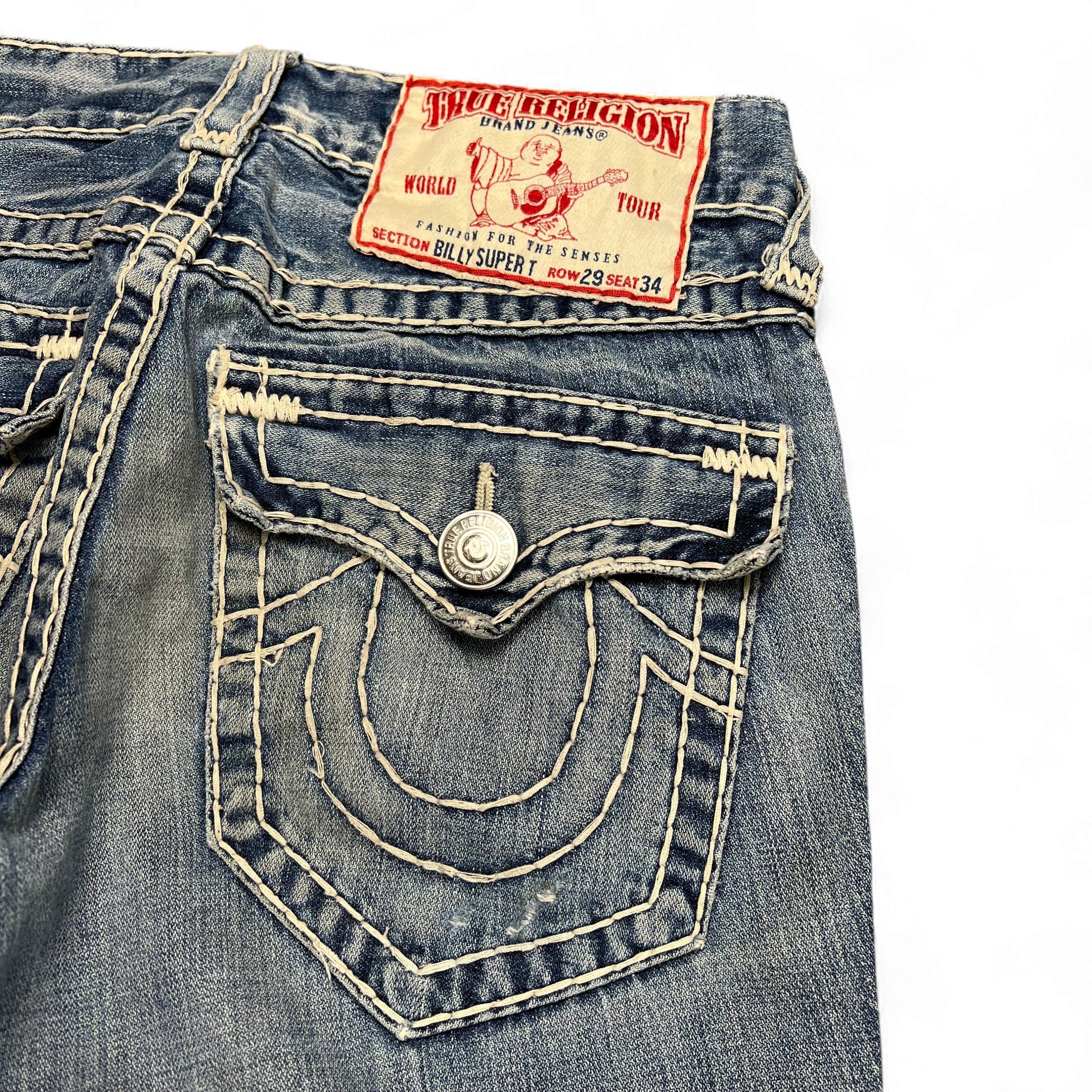 TWC Vintage True Religion Joey Super T Bootcut Jeans in blauem Denim mit markanten hellen Kontrastnähten