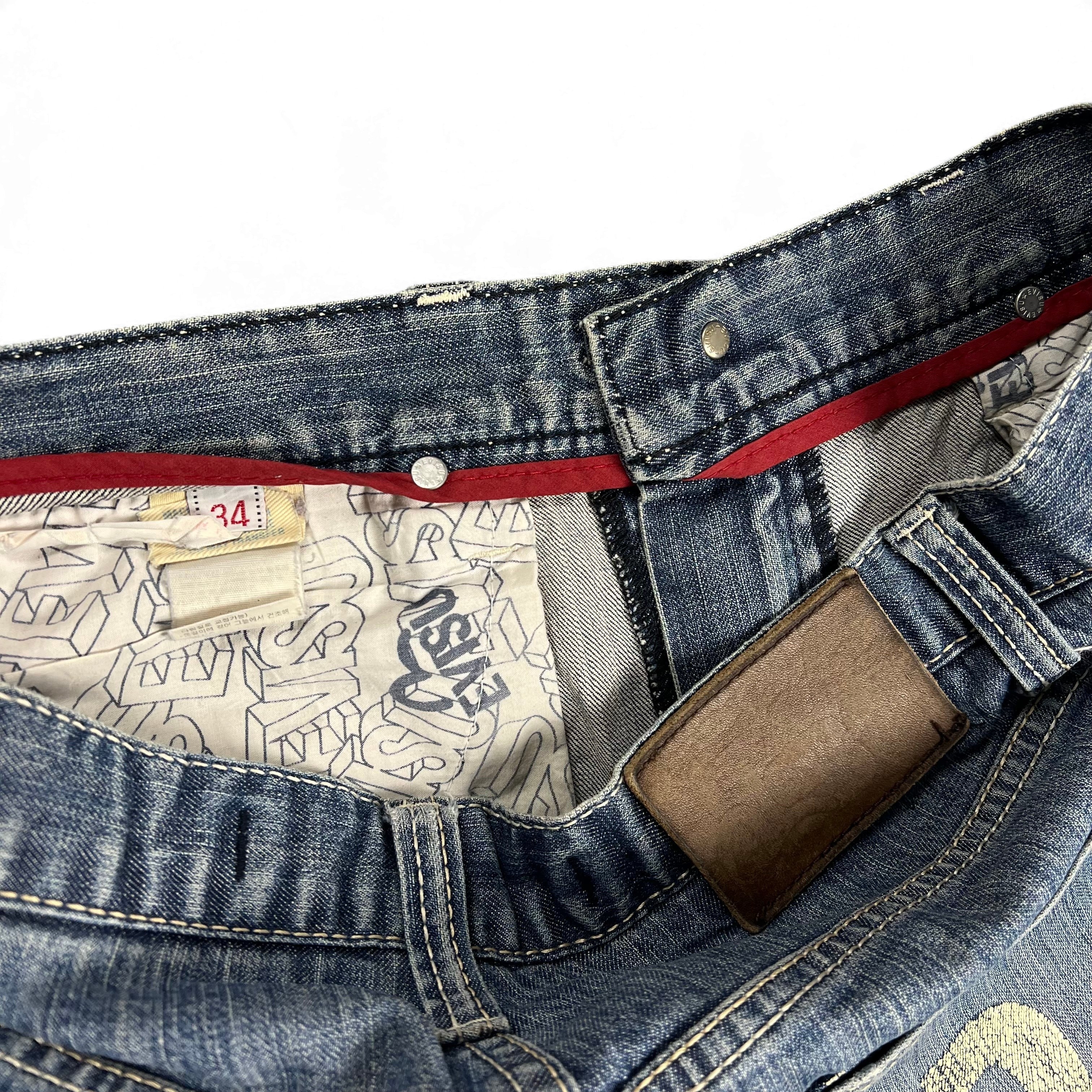 TWC Vintage Evisu KC Straight Jeans mit blauem Denim, rotem Innenfutter und bedrucktem Innenstoff