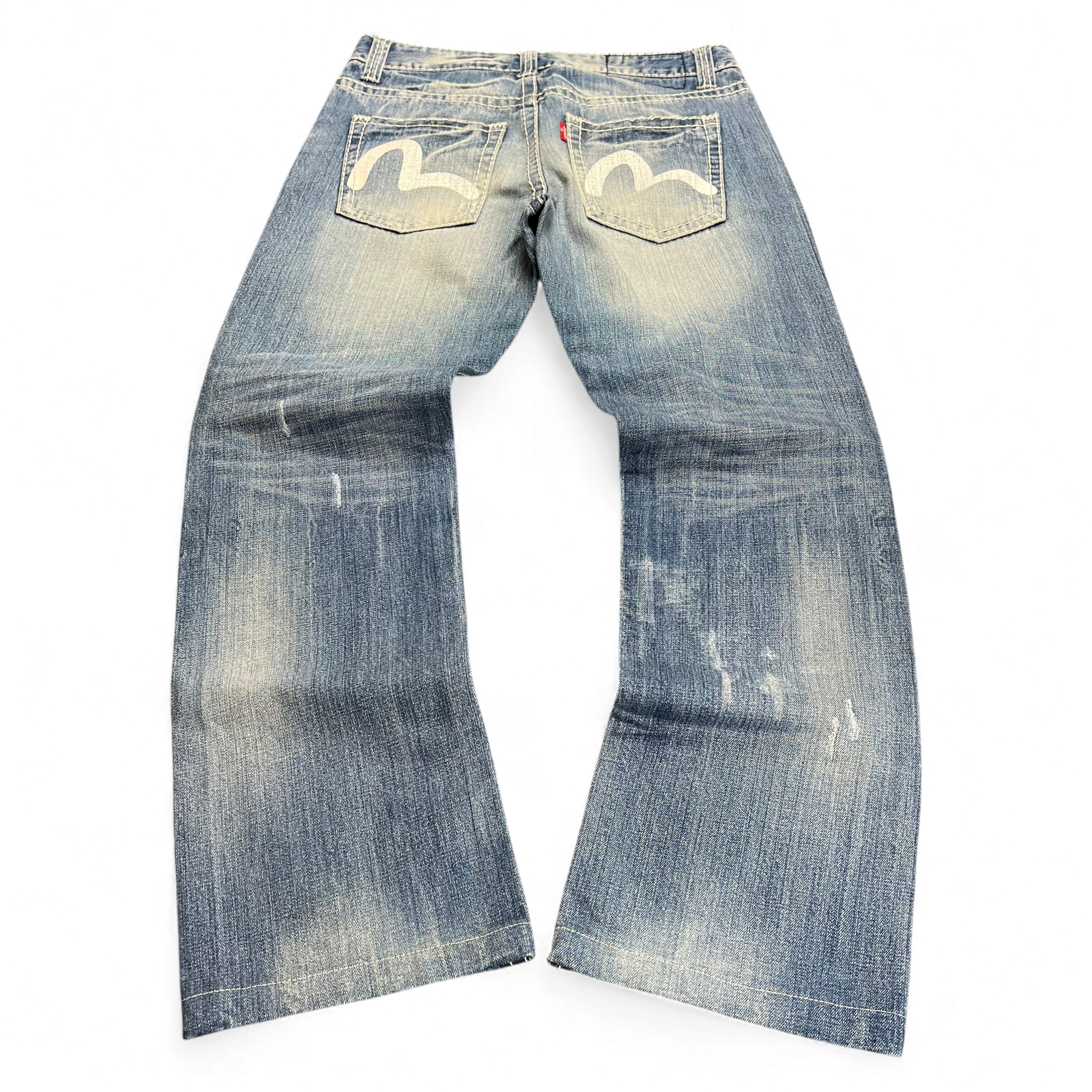 TWC Vintage Evisu KC Straight Jeans in blauem Denim mit ikonischem weißem Möwen-Print auf den Gesäßtaschen