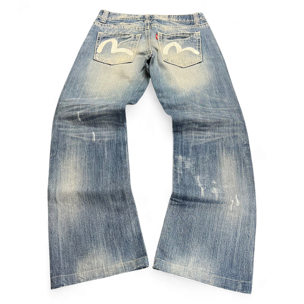 TWC Vintage Evisu KC Straight Jeans in blauem Denim mit ikonischem weißem Möwen-Print auf den Gesäßtaschen