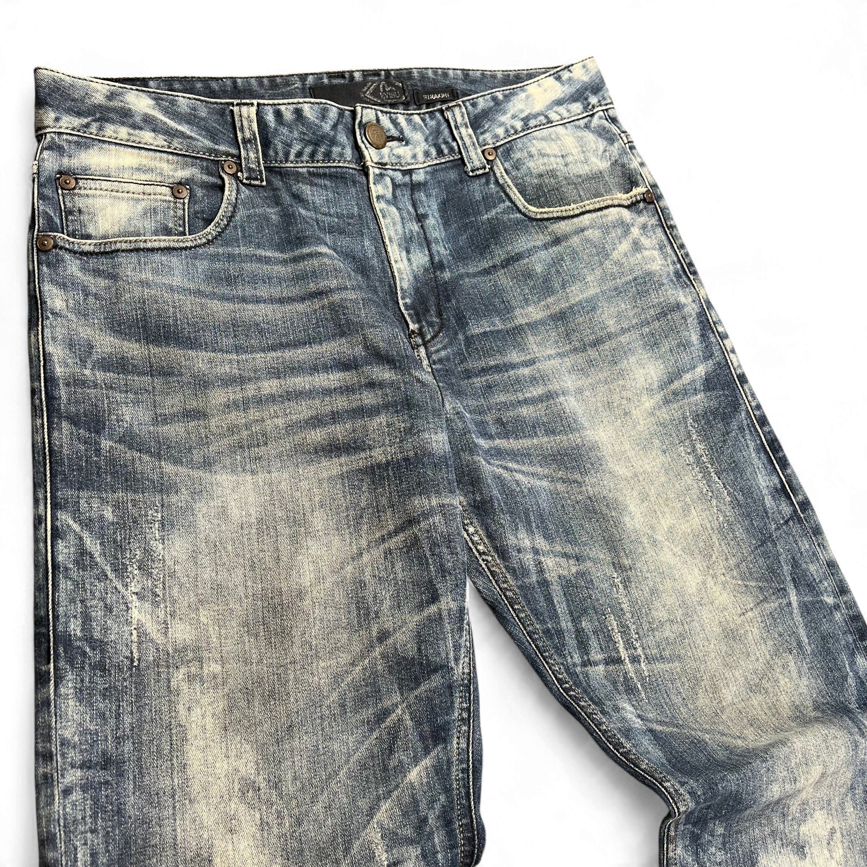 TWC Vintage Evisu KC Straight Jeans in verwaschenem Blau mit Distressed-Optik und geradem Bein