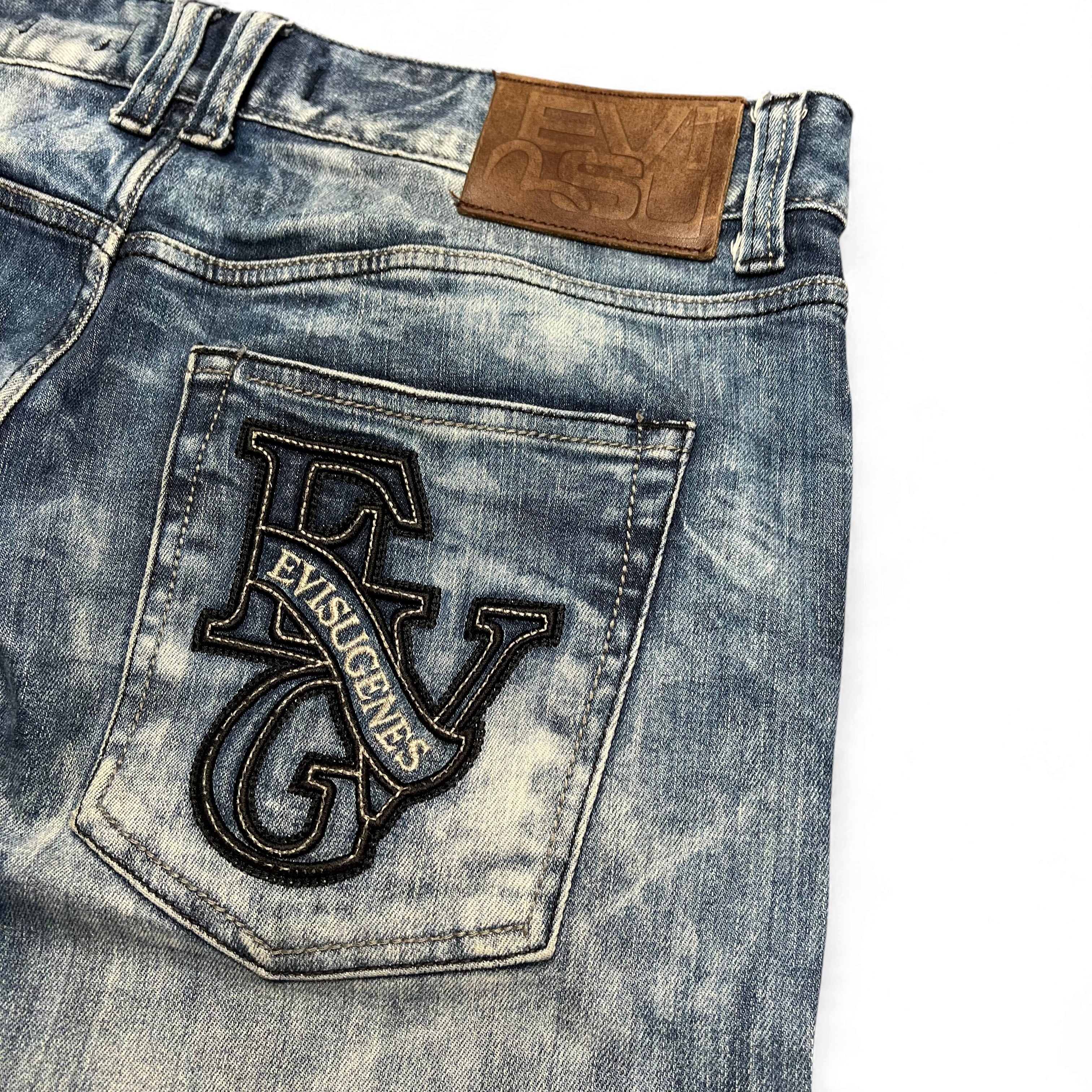 TWC Vintage Evisu KC Straight Jeans in verwaschenem Blau mit großem gesticktem Logo auf der Gesäßtasche