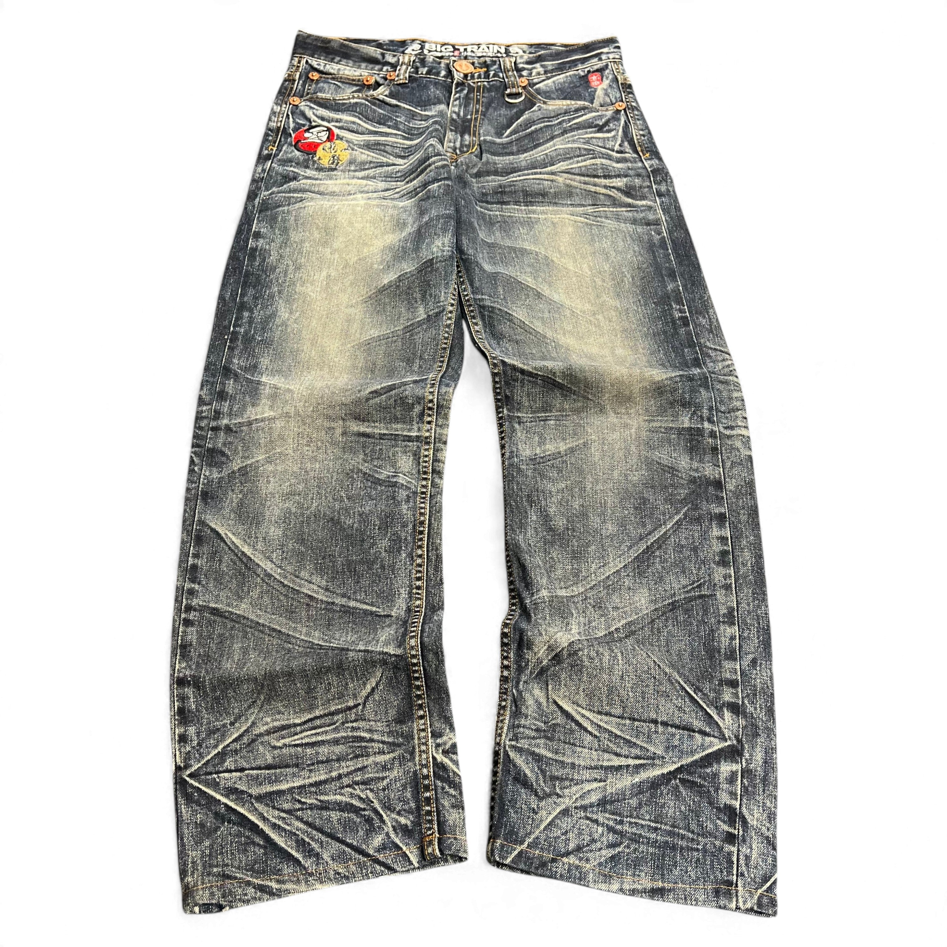 TWC Vintage Big Train Jeans mit japanischer Stickerei, verwaschenem Denim-Look und weitem Schnitt