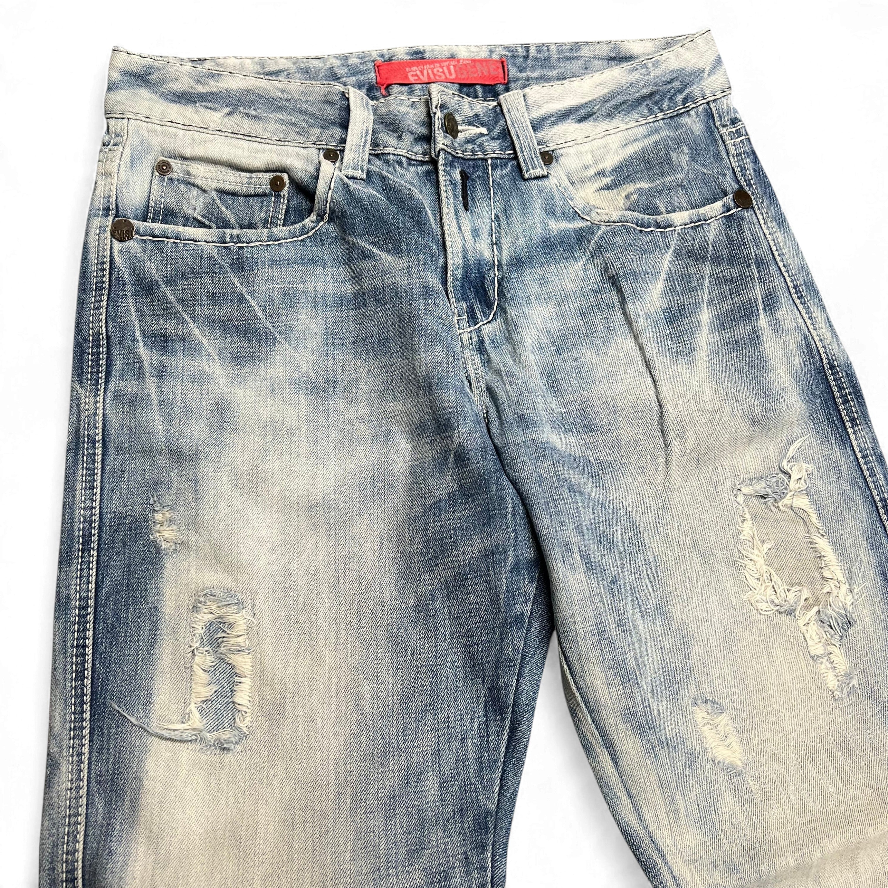 TWC Vintage Evisu KC Baggy Jeans in hellblauem Denim mit Distressed-Optik und Used-Waschung