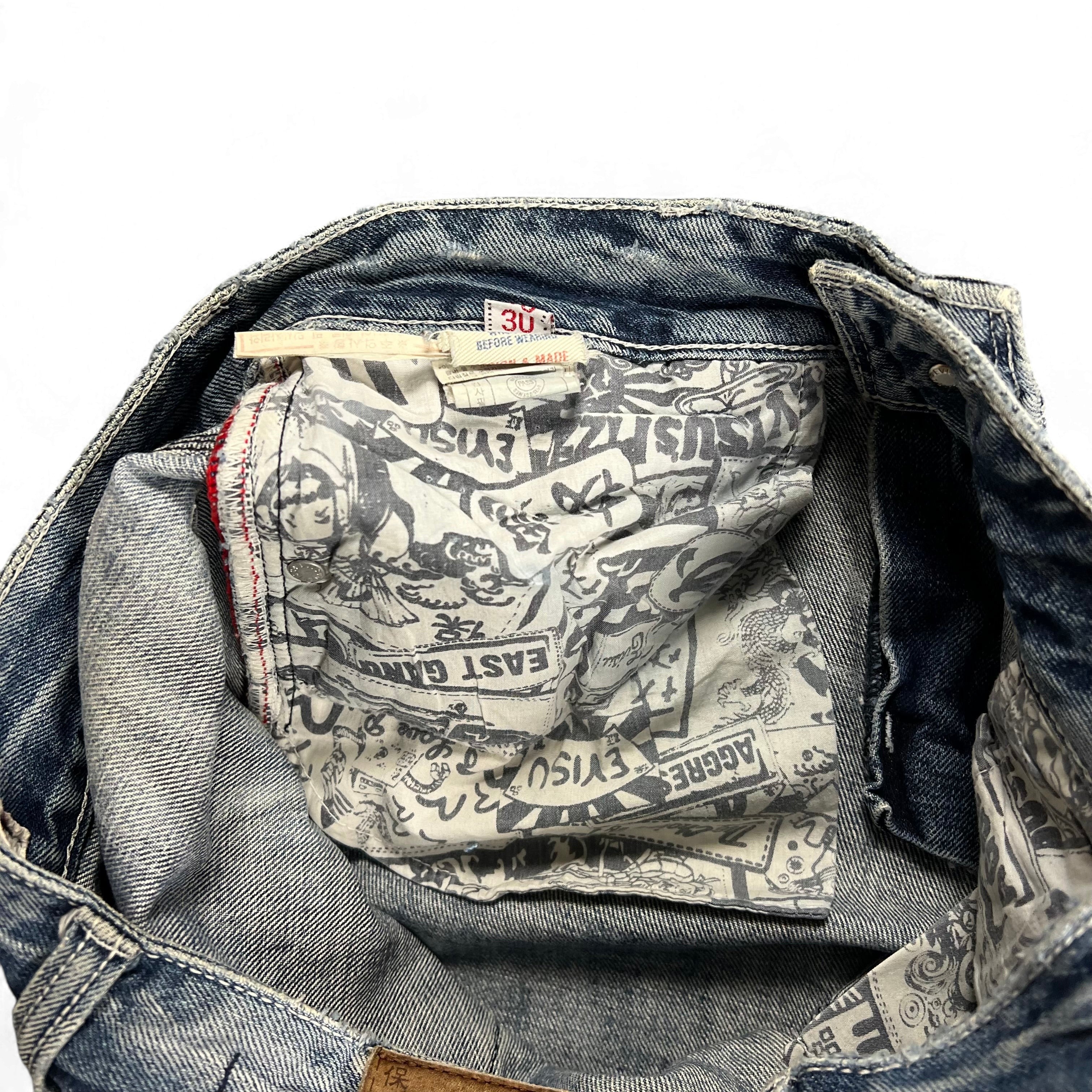 TWC Vintage Evisu KC Straight Jeans mit blauem Denim und bedrucktem Innenfutter