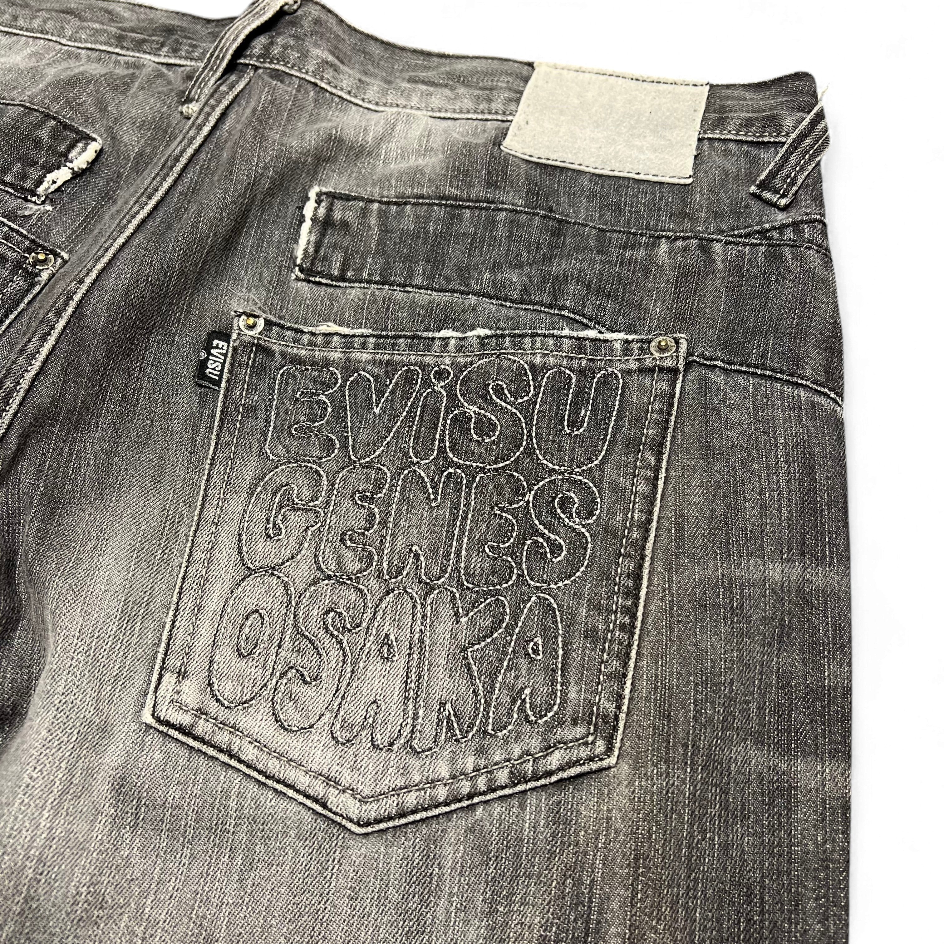 TWC Vintage Evisu KC Baggy Jeans in verwaschenem Grau mit gesticktem Logo auf der Gesäßtasche