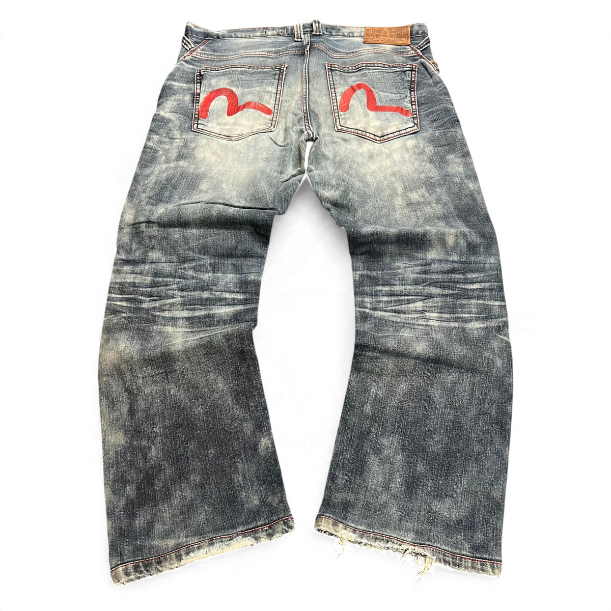 TWC Vintage Evisu KC Straight Jeans in verwaschenem Blau mit ikonischen roten Möwen-Stickereien auf den Gesäßtaschen