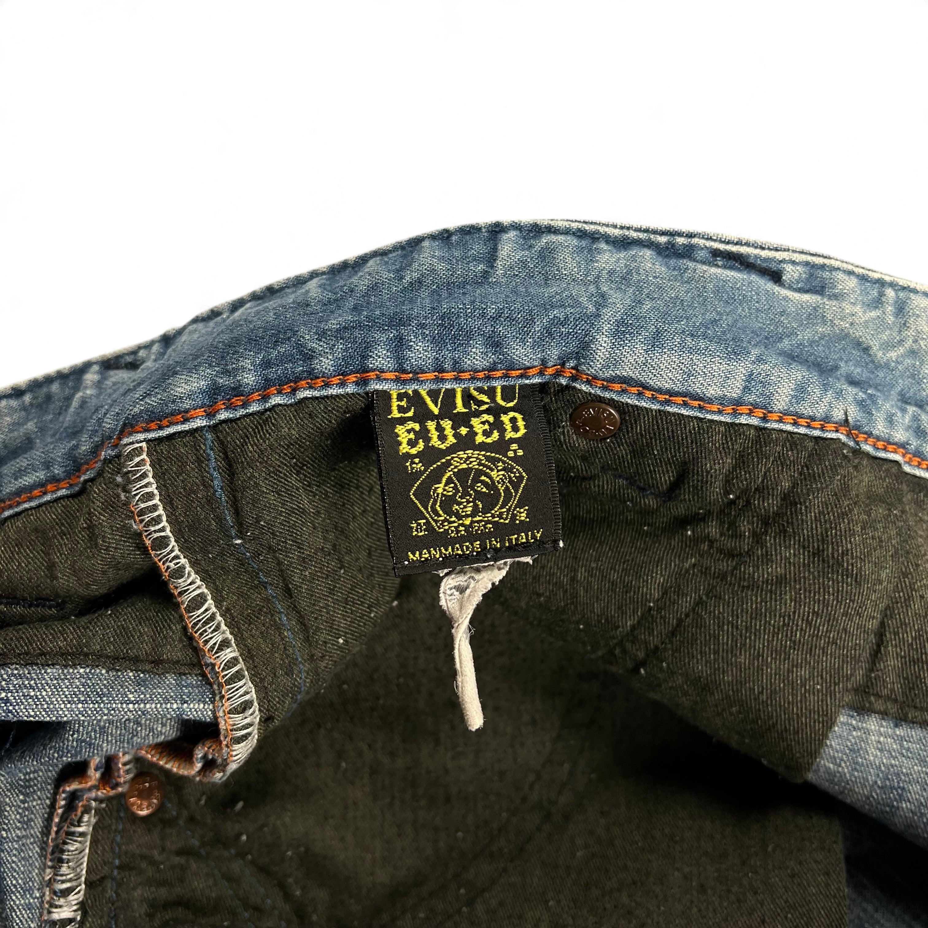 TWC Vintage Evisu Italy Edition Jeans mit schwarzem Innenfutter und Markenetikett am Bund
