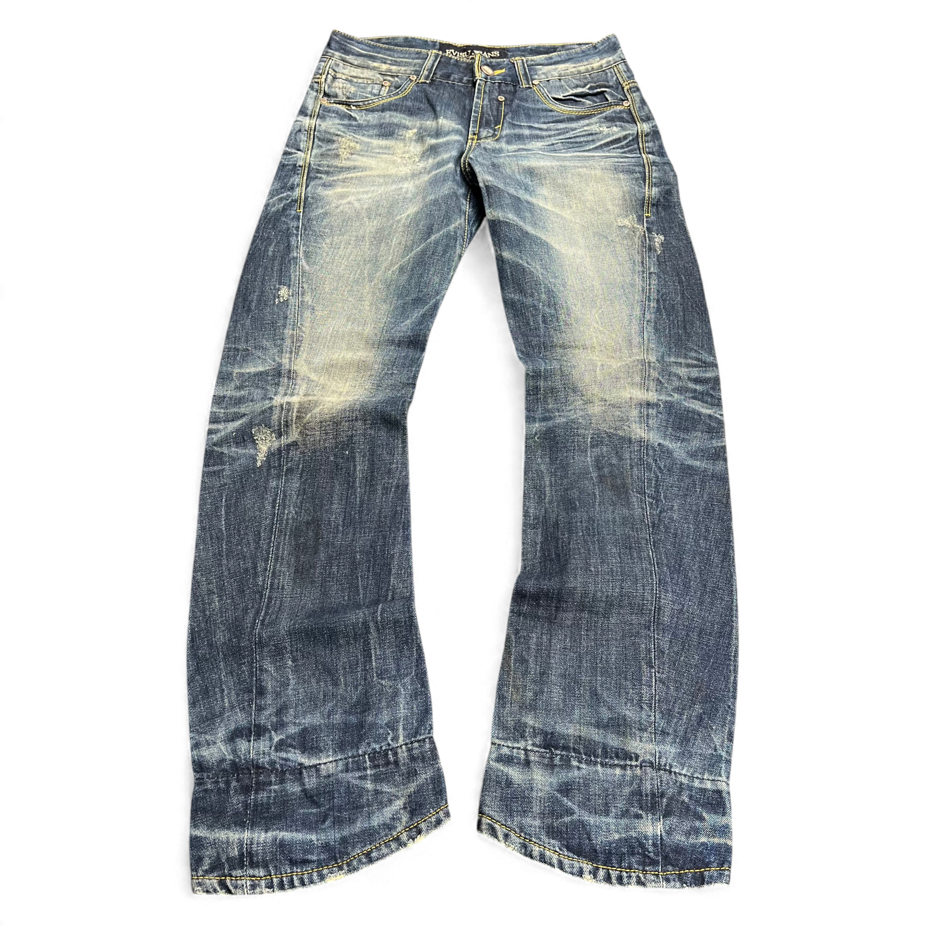 TWC Vintage Evisu KC Straight Jeans in verwaschenem Blau mit Distressed-Details und geradem Schnitt