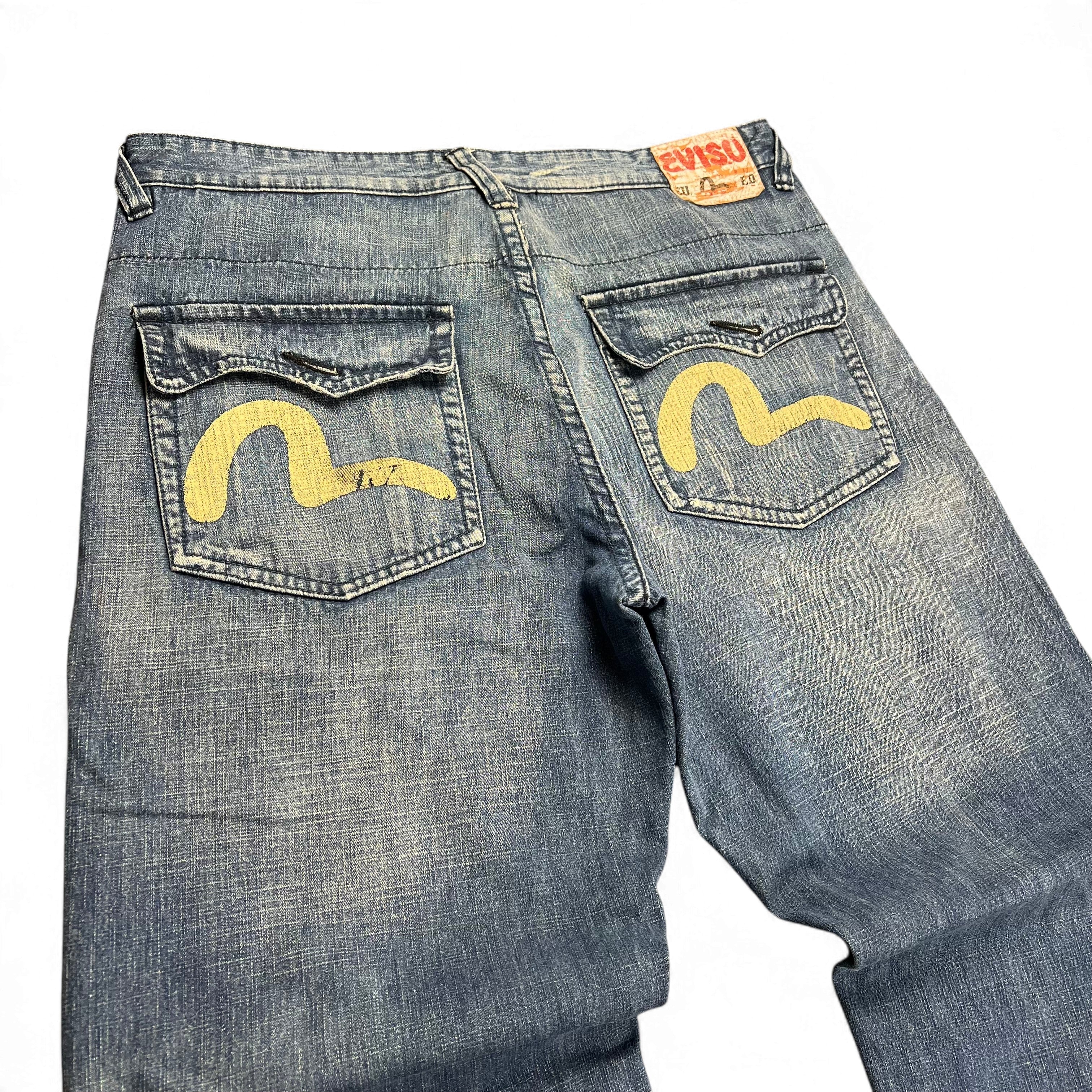 TWC Vintage Evisu Baggy Jeans in verwaschenem Blau mit gelbem Seagull-Logo auf den Gesäßtaschen