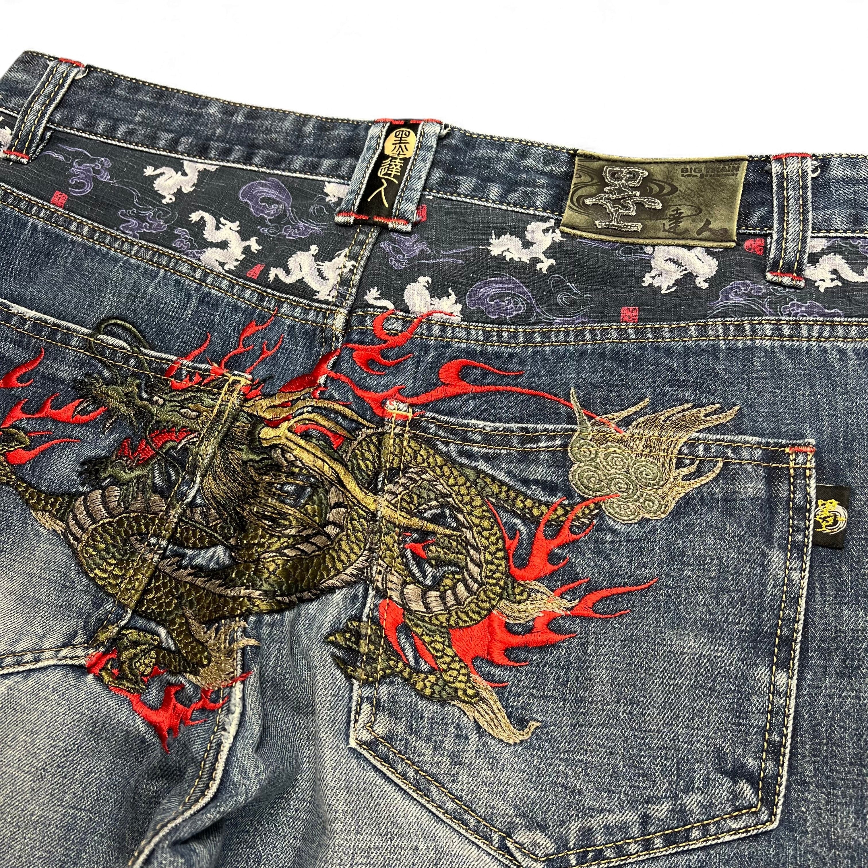 TWC Vintage japanische Selvedge Jeans mit aufwendiger Drachenstickerei und gemustertem Bund in Blau