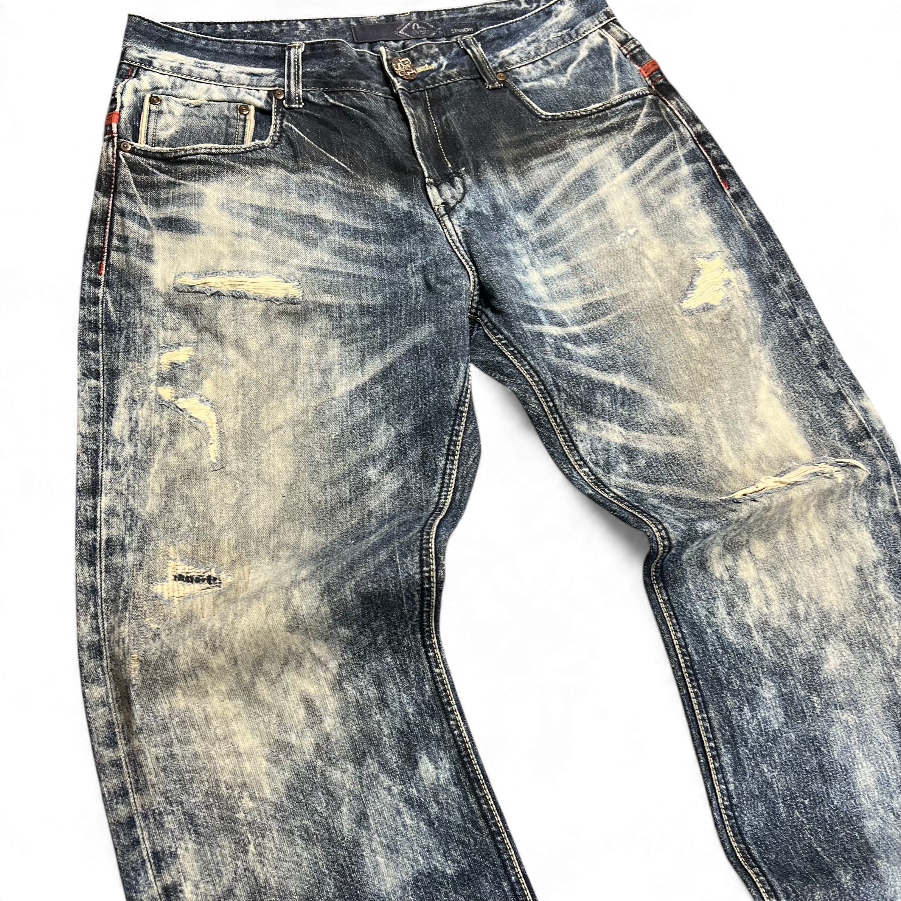 TWC Vintage Evisu KC Straight Jeans in verwaschenem Blau mit Distressed-Optik und Rissen im Vintage-Stil