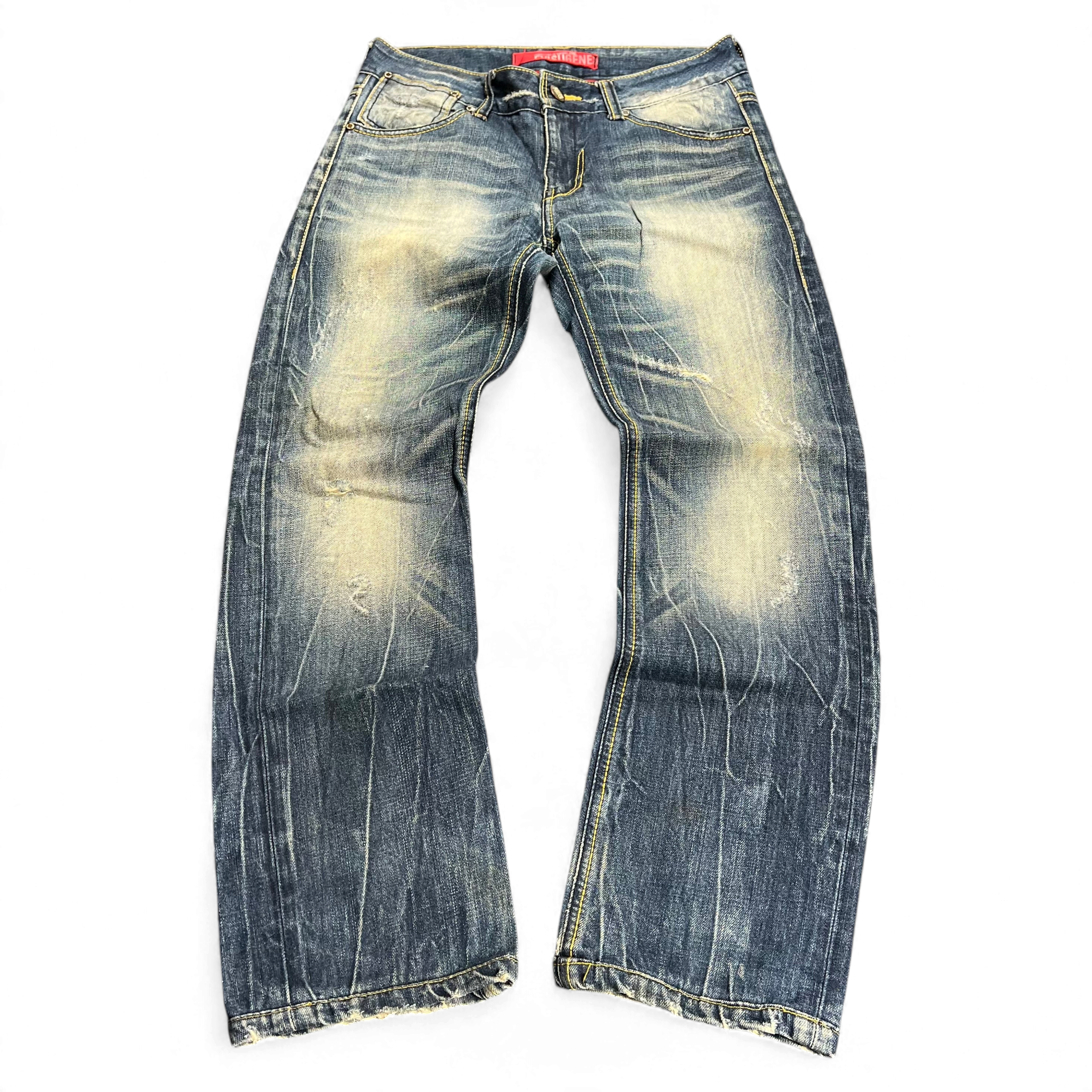 TWC Vintage Evisu KC Straight Jeans in verwaschenem Blau mit Distressed-Details und geradem Schnitt