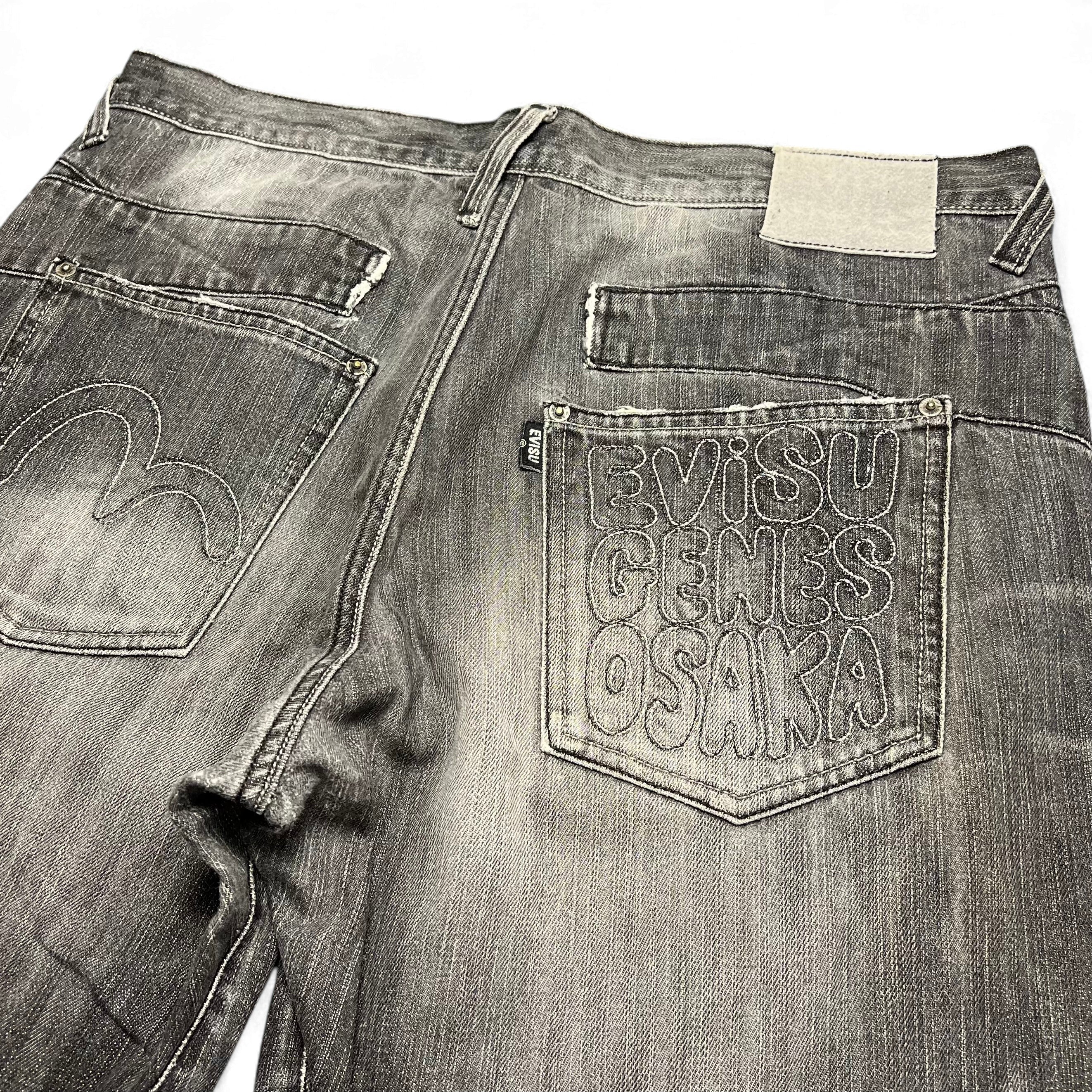 TWC Vintage Evisu KC Baggy Jeans in verwaschenem Grau mit gesticktem Logo auf der Gesäßtasche