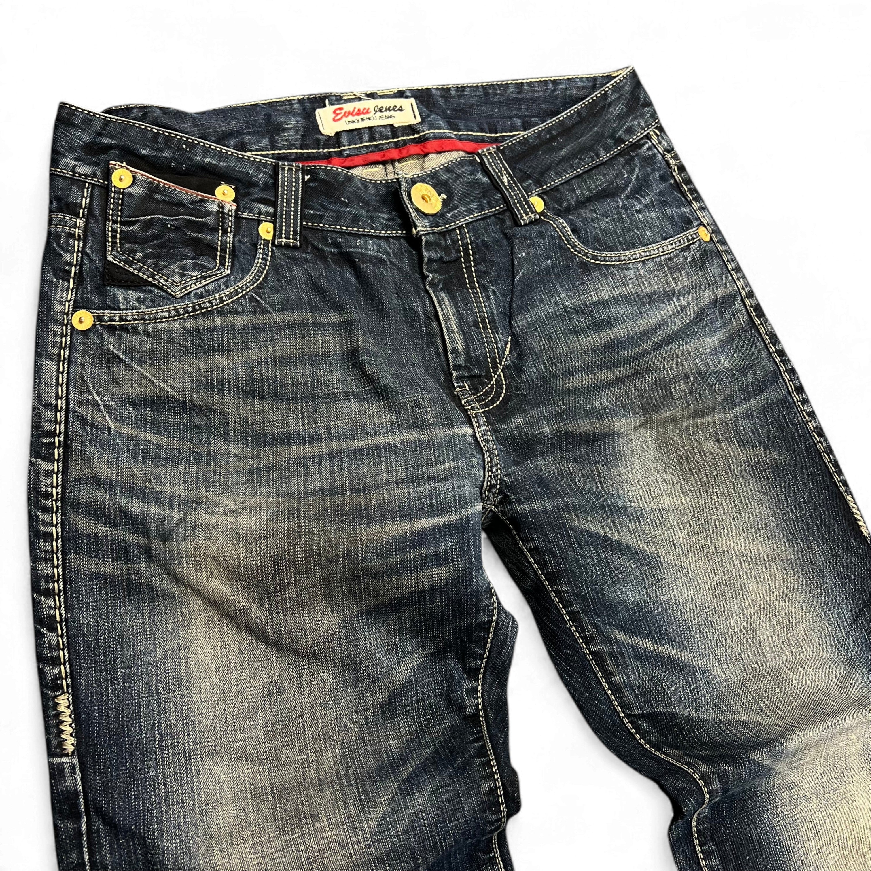 TWC Vintage Evisu KC Straight Jeans in dunkelblauem Denim mit markanten Kontrastnähten und goldenen Nieten