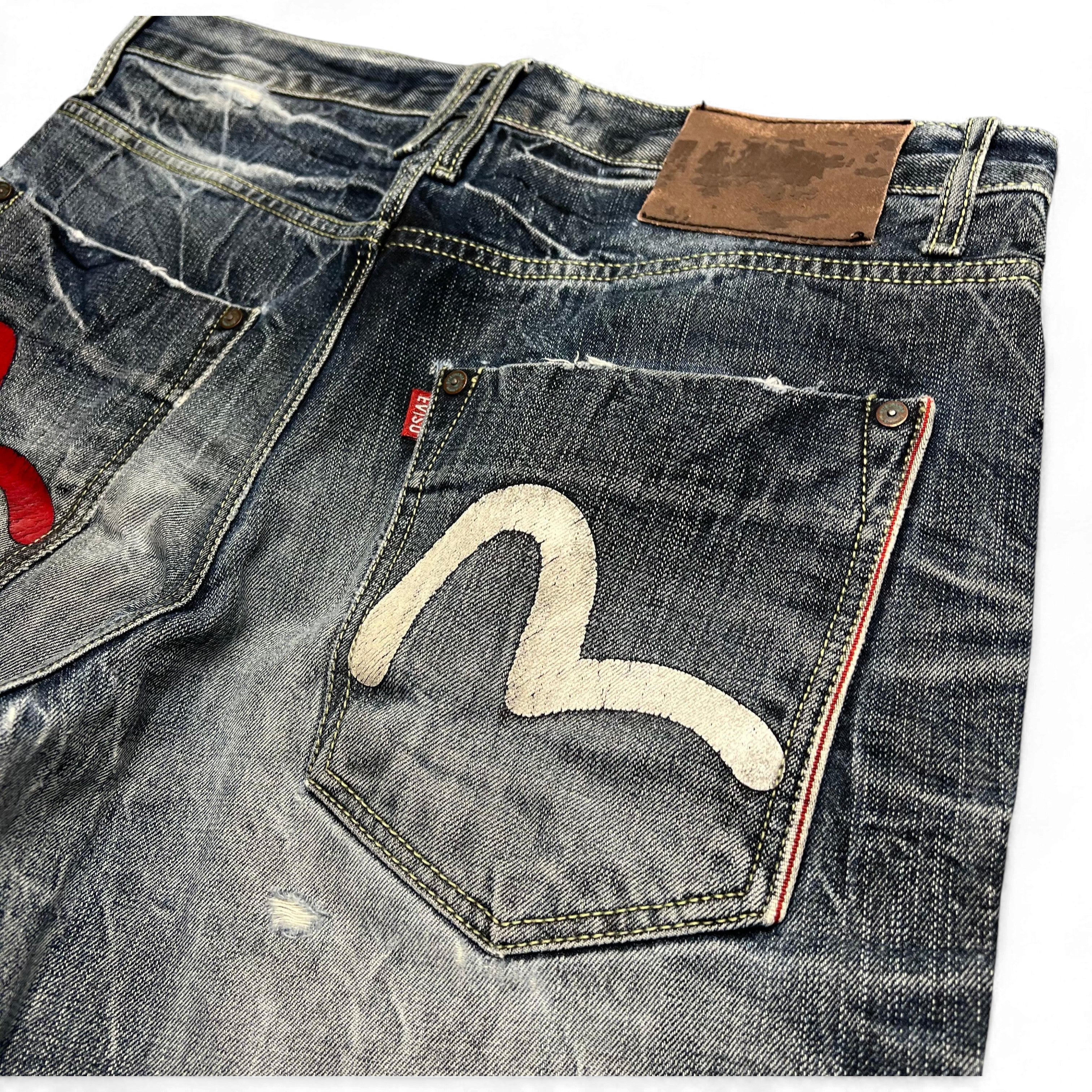 TWC Vintage Evisu KC Baggy Jeans aus blauem Denim mit ikonischem weißem Seagull-Logo auf der Gesäßtasche