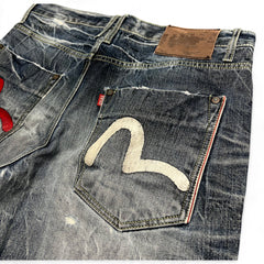 TWC Vintage Evisu KC Baggy Jeans aus blauem Denim mit ikonischem weißem Seagull-Logo auf der Gesäßtasche