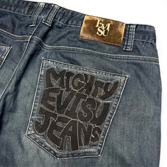 TWC Vintage Evisu KC Straight Jeans aus blauem Denim mit markantem schwarzem Logo-Stick auf der Gesäßtasche