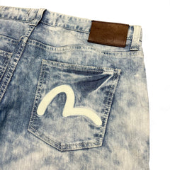 TWC Vintage Evisu KC Baggy Jeans in hellblauem Acid-Wash-Denim mit ikonischem weißem Möwen-Logo auf der Gesäßtasche