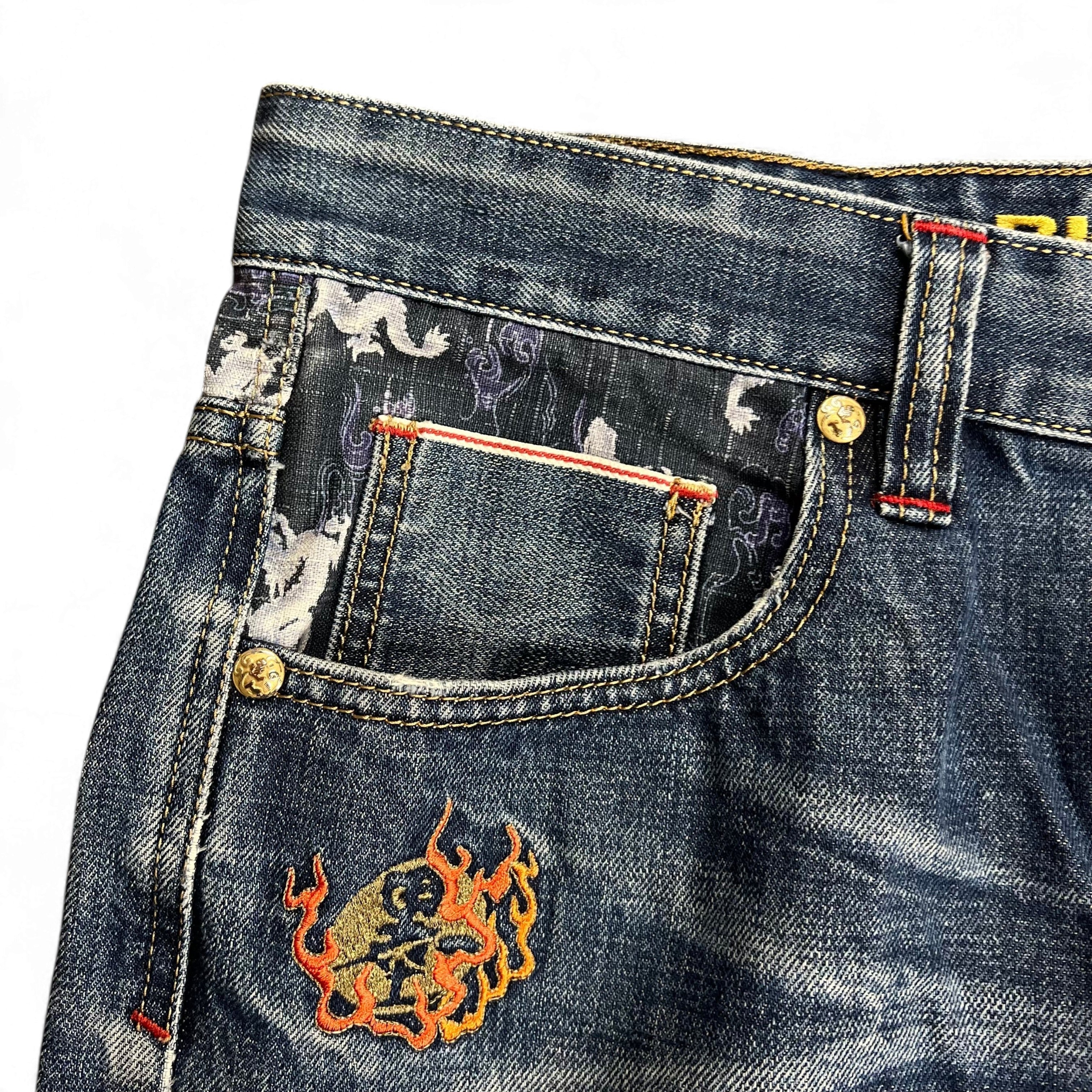 TWC Vintage japanische Selvedge-Jeans mit aufwendiger Zug-Stickerei und gemusterten Tascheneinsätzen