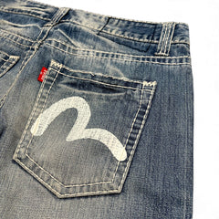 TWC Vintage Evisu KC Straight Jeans in verwaschenem Blau mit ikonischem weißem Seagull-Logo auf der Gesäßtasche