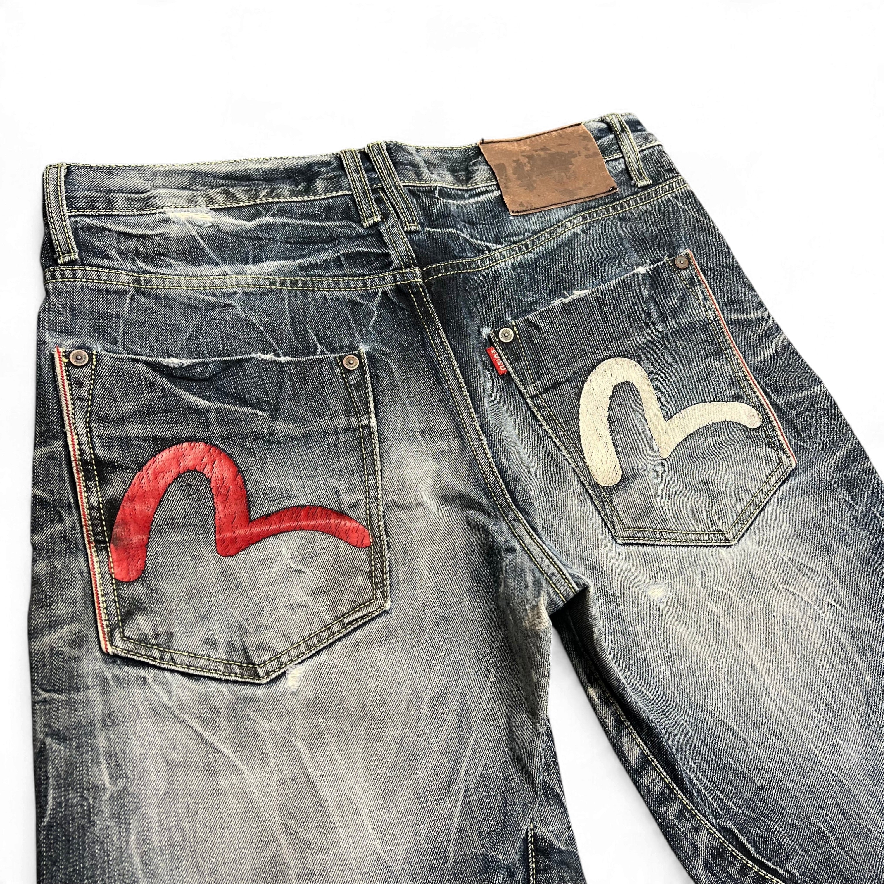 TWC Vintage Evisu KC Baggy Jeans mit verwaschenem Denim, rotem und weißem Seagull-Print auf den Gesäßtaschen