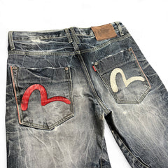 TWC Vintage Evisu KC Baggy Jeans mit verwaschenem Denim, rotem und weißem Seagull-Print auf den Gesäßtaschen