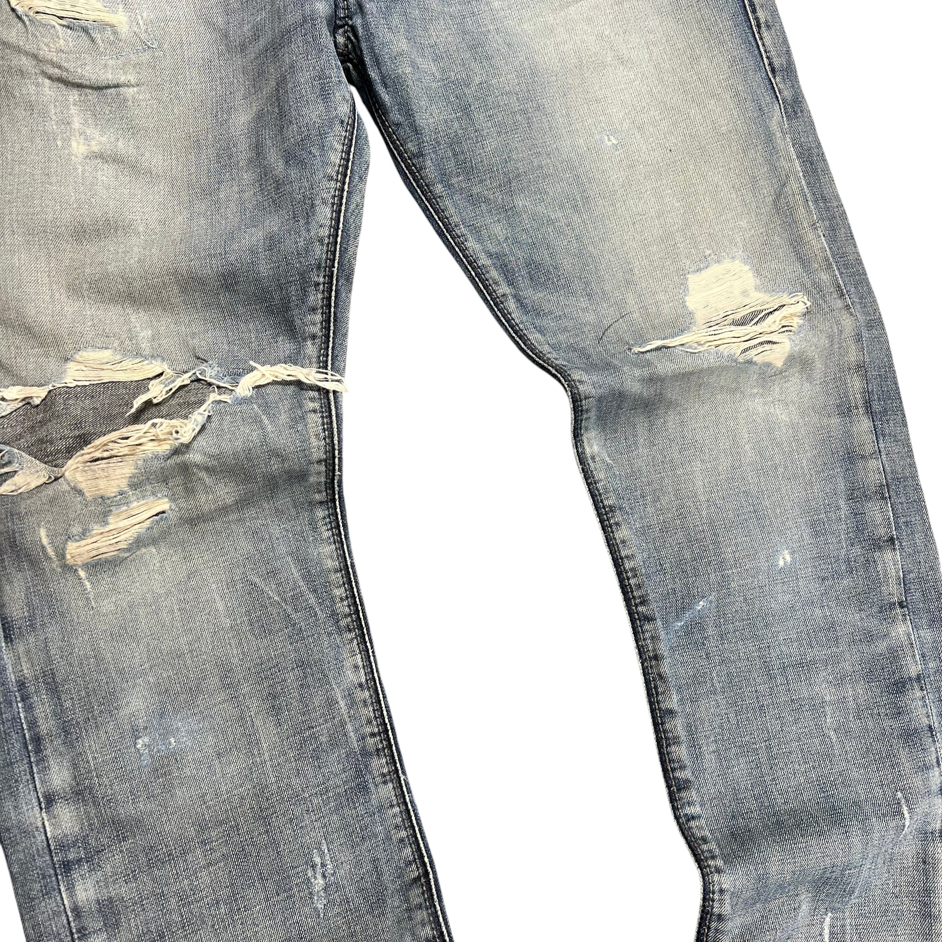 TWC Vintage Evisu Jeans mit geradem Schnitt in verwaschenem Blau mit Distressed-Details und Rissen an den Knien