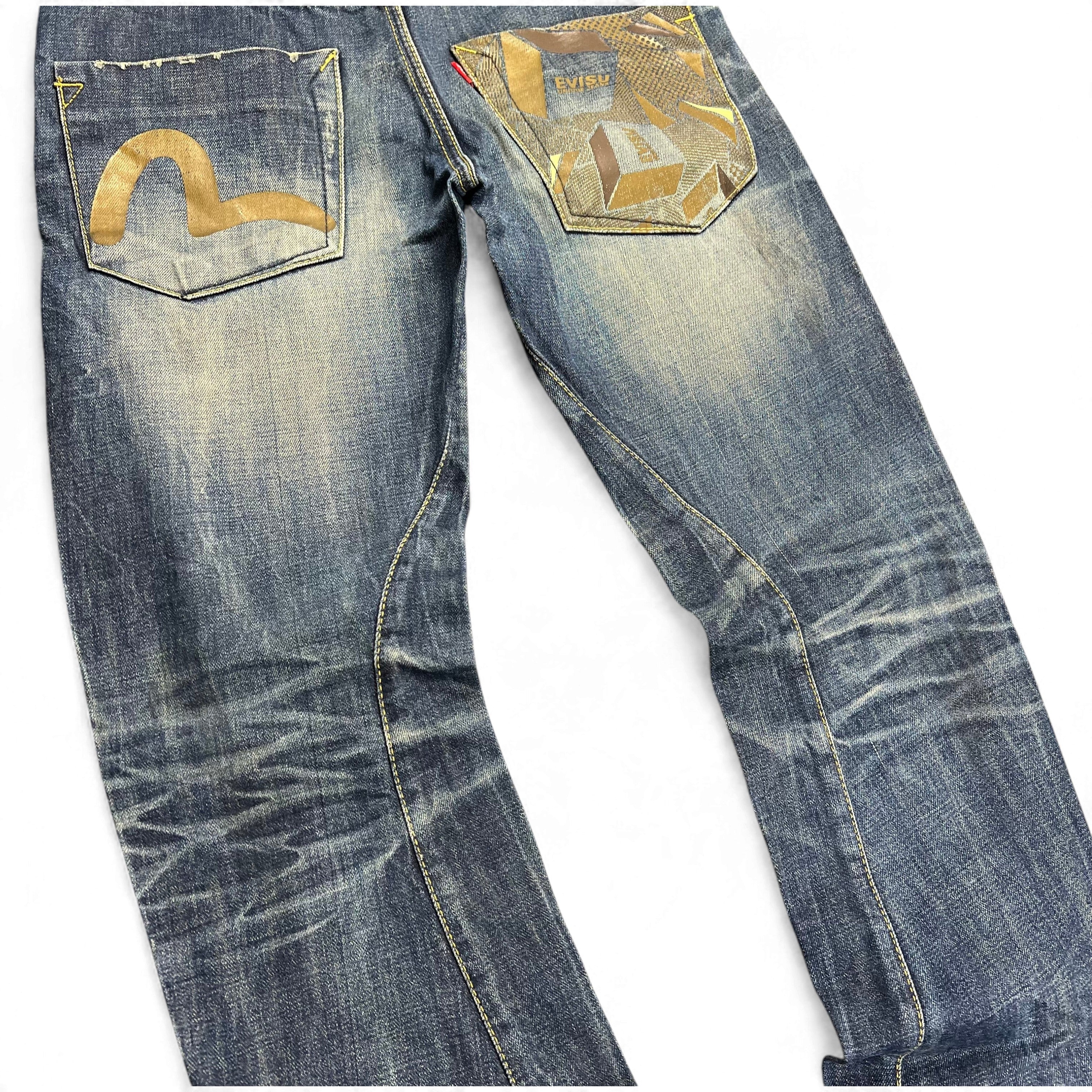 TWC Vintage Evisu KC Straight Jeans in blauem Denim mit markantem Logo-Print auf der Gesäßtasche und Vintage-Waschung