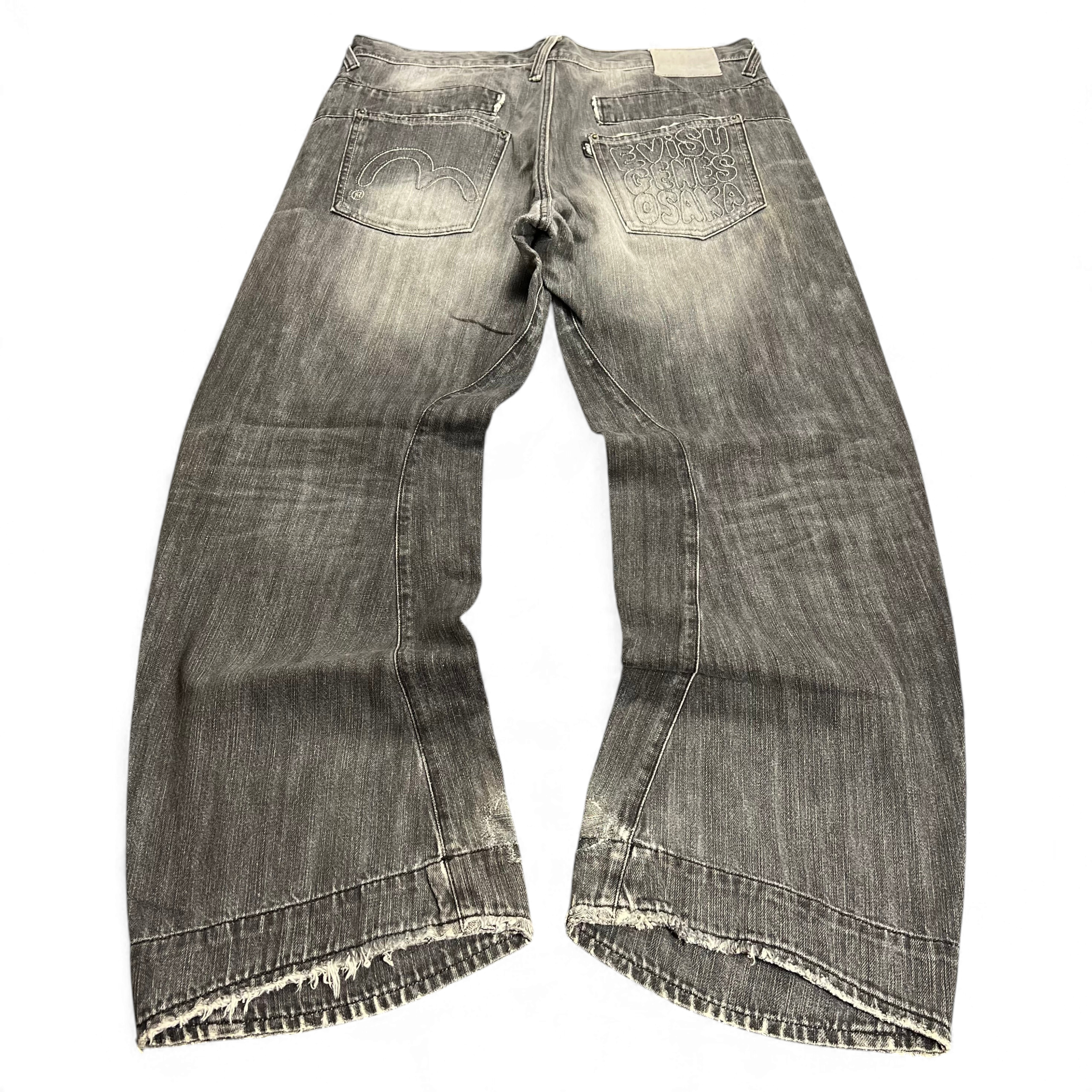 TWC Vintage Evisu KC Baggy Jeans in verwaschenem Schwarz mit ikonischem Logo-Stitching auf den Gesäßtaschen